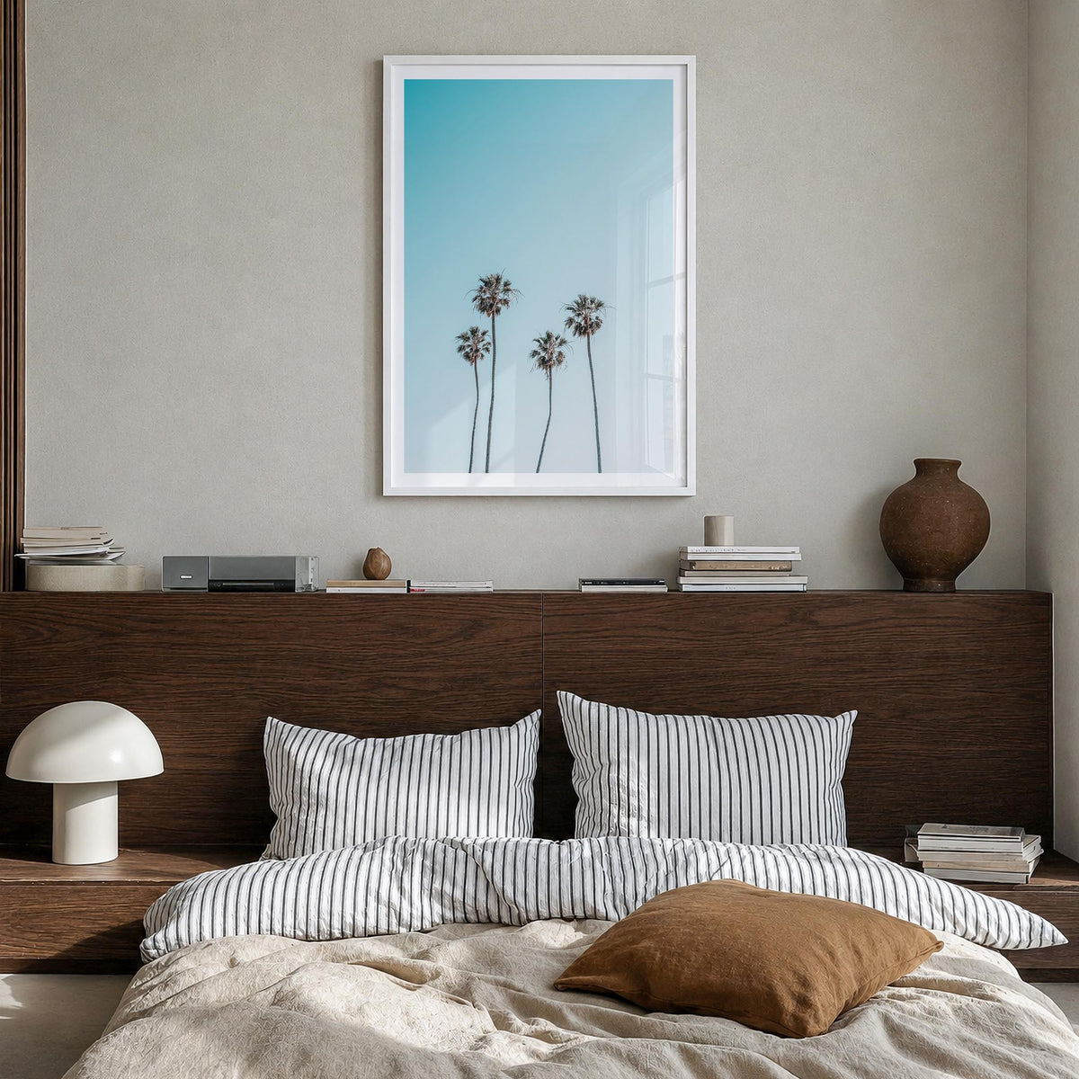 Palm Trees no. 8 colorful photo poster – vertical wall art in white wood frame with white border, hanging on wall