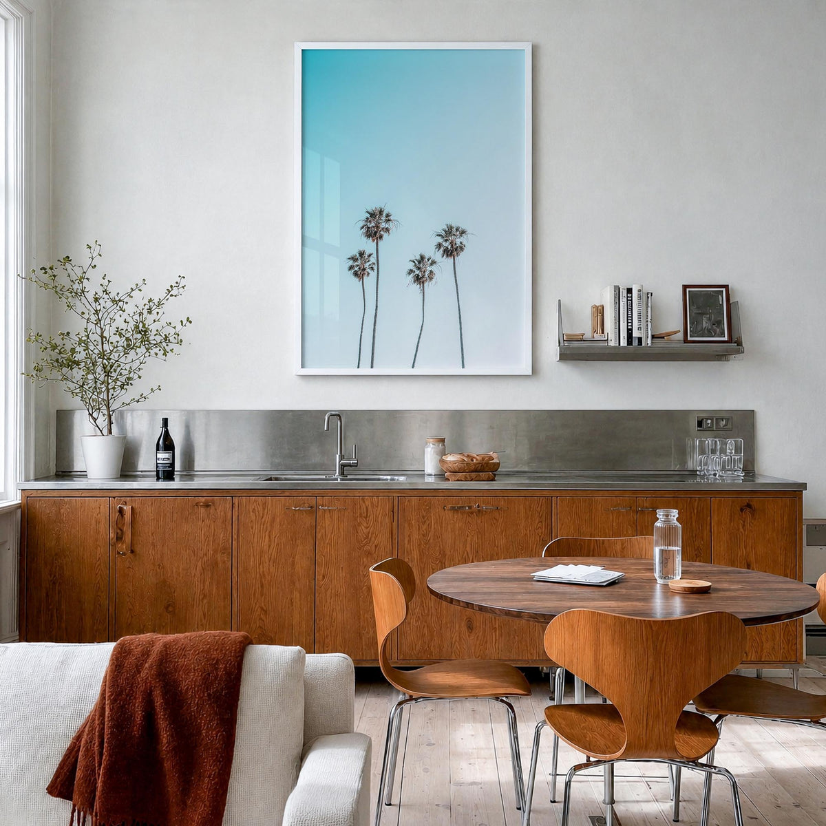 Palm Trees no. 8 colorful photo poster – vertical wall art in white wood frame, hanging on wall