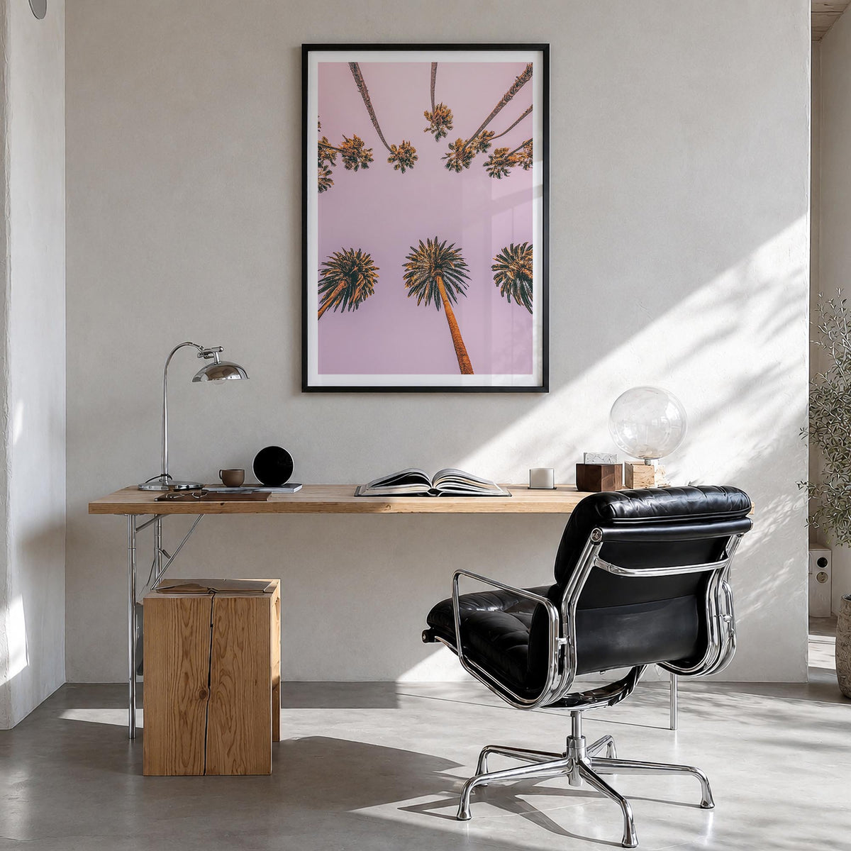 Palm Trees no. 9 colorful photo poster – vertical wall art in black wood frame with white border, hanging on wall