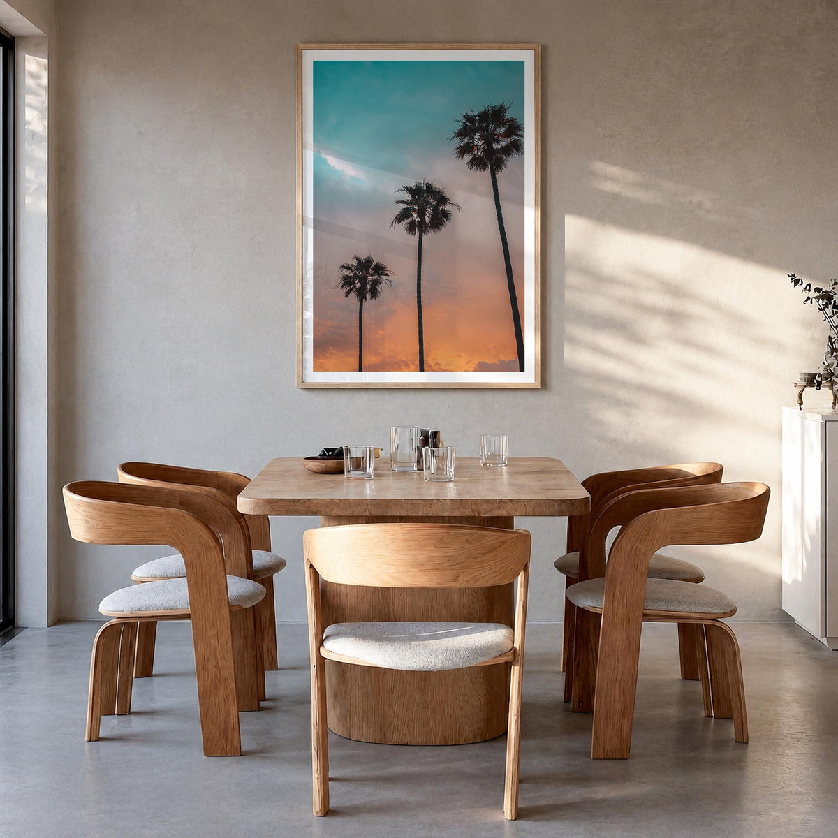 Palm Trees no. 10 colorful photo poster – vertical wall art in natural wood frame with white border, hanging on wall