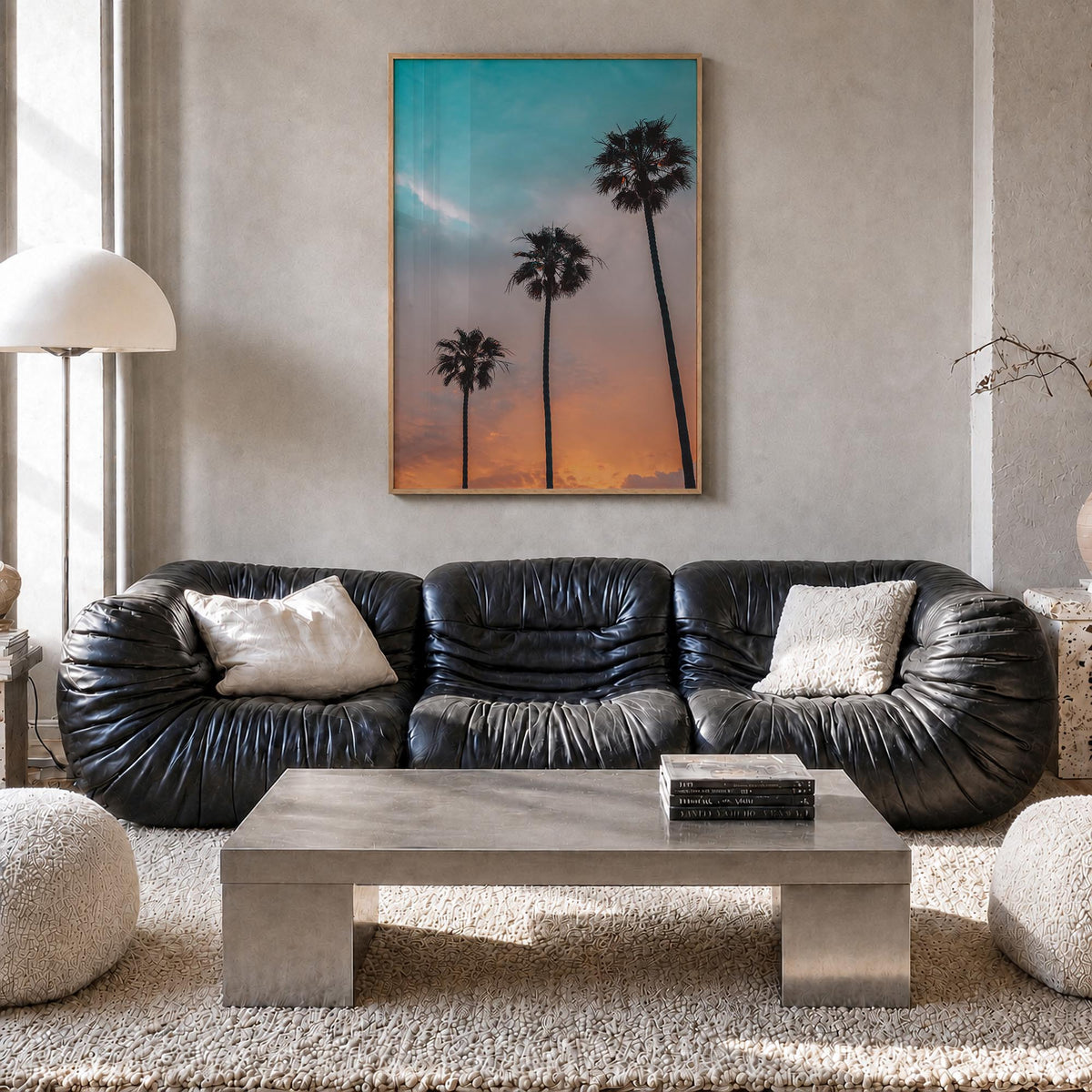 Palm Trees no. 10 colorful photo poster – vertical wall art in natural wood frame, hanging on wall
