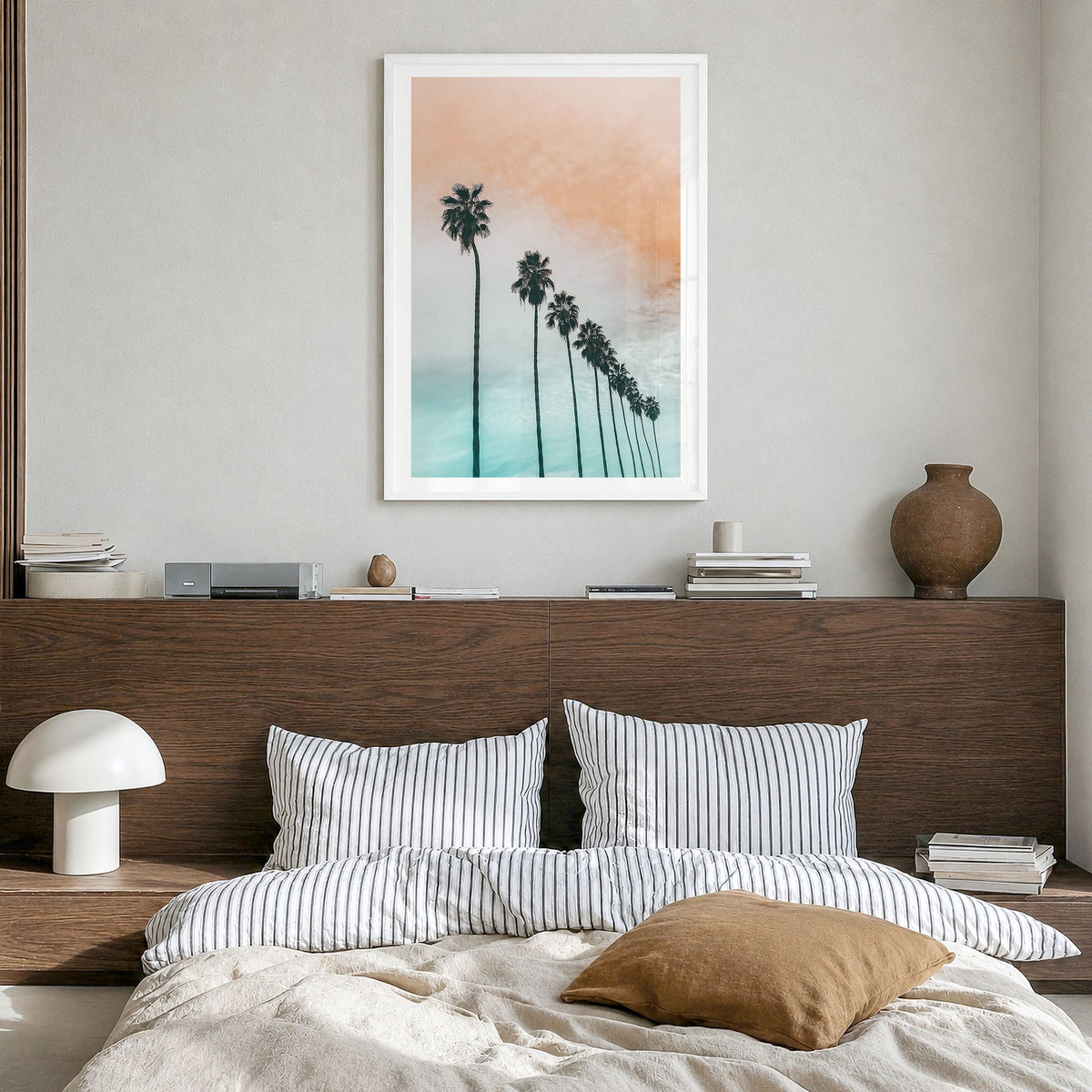 Palm Trees Photo No 2 Poster in a white wood frame, hanging in a bedroom, white border