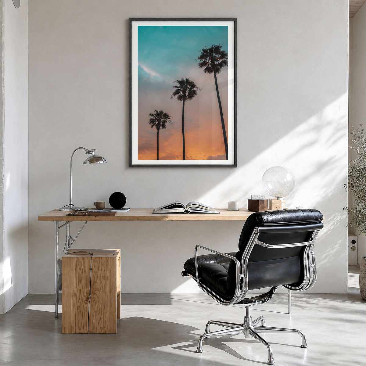 Palm Trees Photo No 9 Poster in a black wood frame, hanging in a bright home office, white border