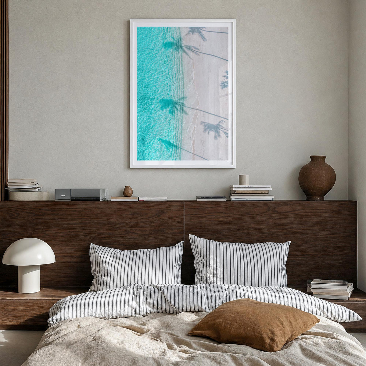 Palm Trees Shadows colorful photo poster – vertical wall art in white wood frame with white border, hanging on wall