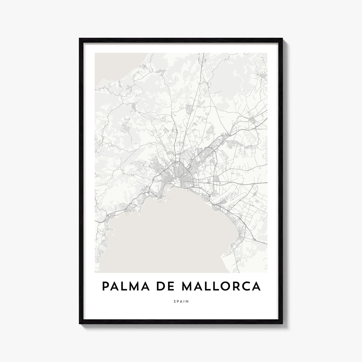 Palma de Mallorca black & white map poster of Spain – vertical wall art, unframed print shown in interior mockup