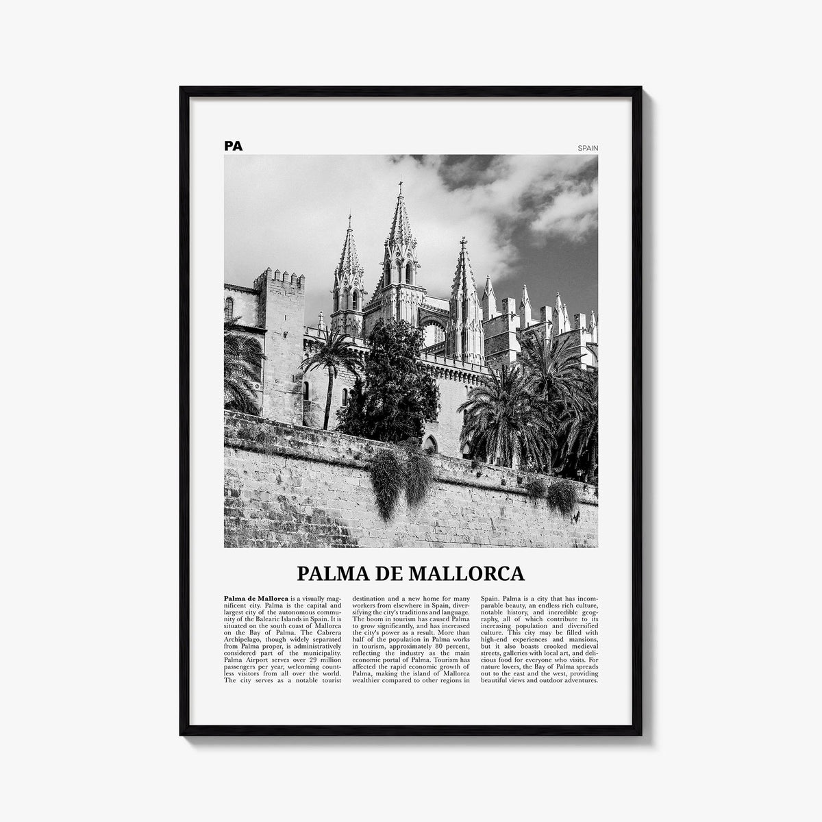Palma de Mallorca no. 2 black & white newspaper poster of Spain – vertical wall art, unframed print shown in interior mockup