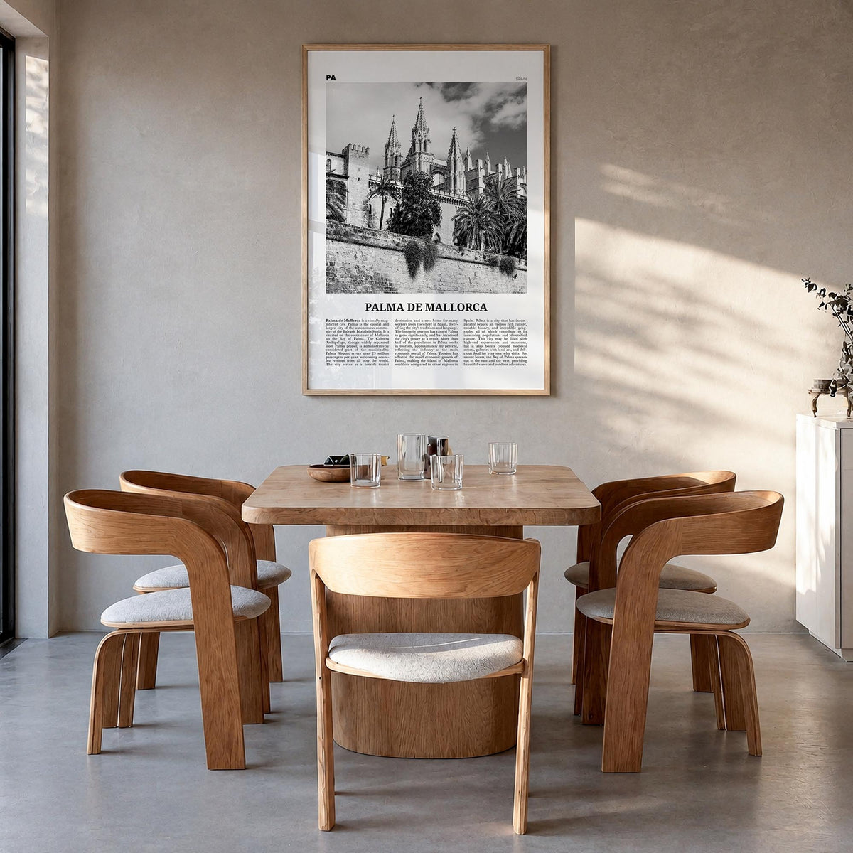 Palma de Mallorca no. 2 black & white newspaper poster of Spain – vertical wall art in natural wood frame, hanging on wall