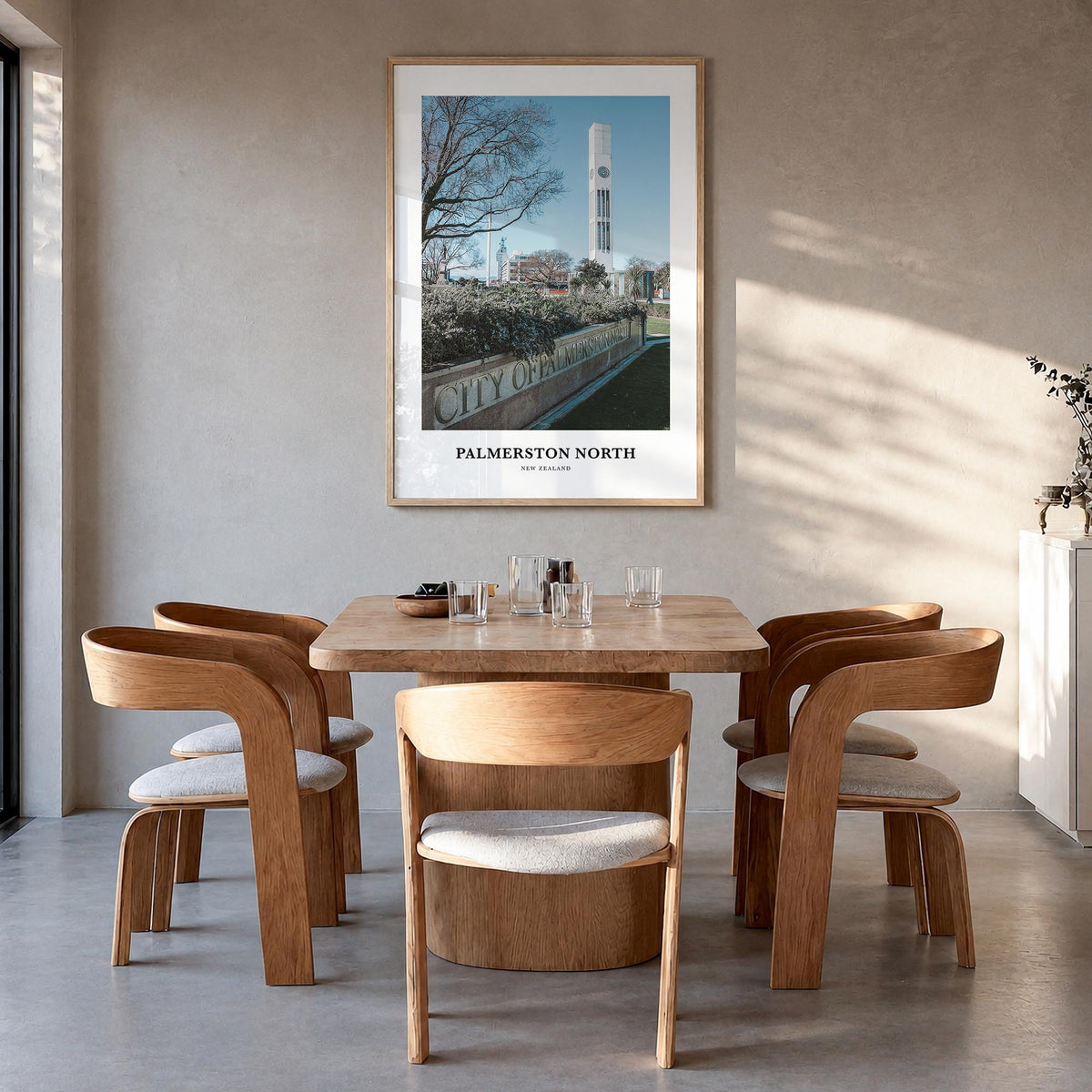 Palmerston North colorful classic poster of New Zealand – vertical wall art in natural wood frame, hanging on wall