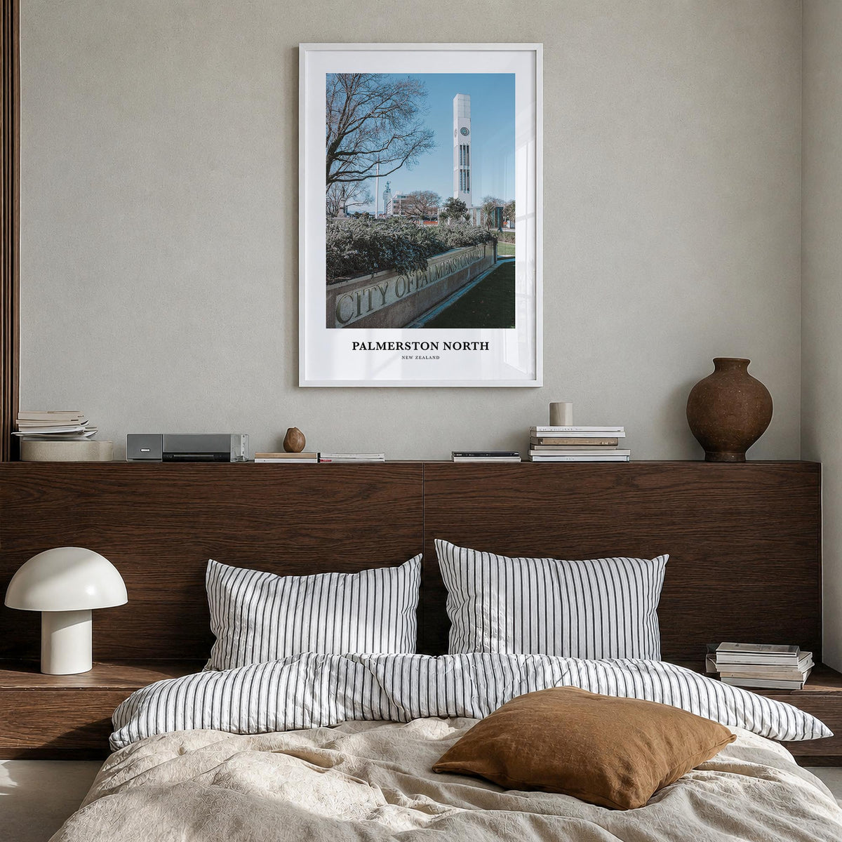 Palmerston North colorful classic poster of New Zealand – vertical wall art in white wood frame, hanging on wall