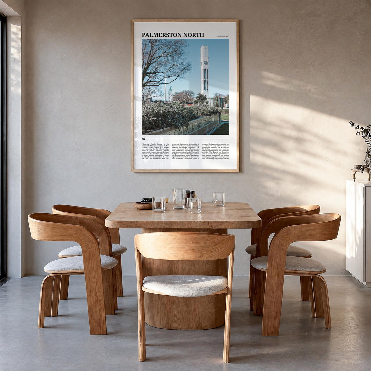 Palmerston North colorful travel poster of New Zealand – vertical wall art in natural wood frame, hanging on wall