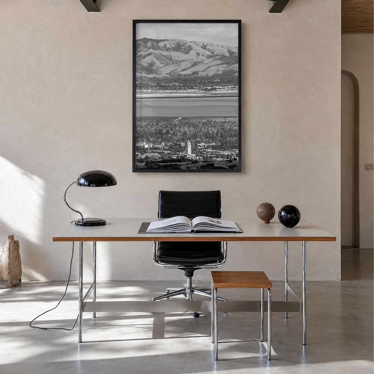 Palo Alto black & white photo poster of California, USA – vertical wall art in black wood frame, hanging on wall