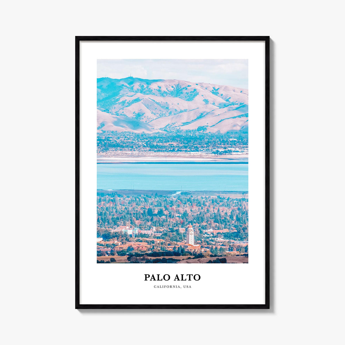 Palo Alto colorful classic poster of California, USA – vertical wall art, unframed print shown in interior mockup