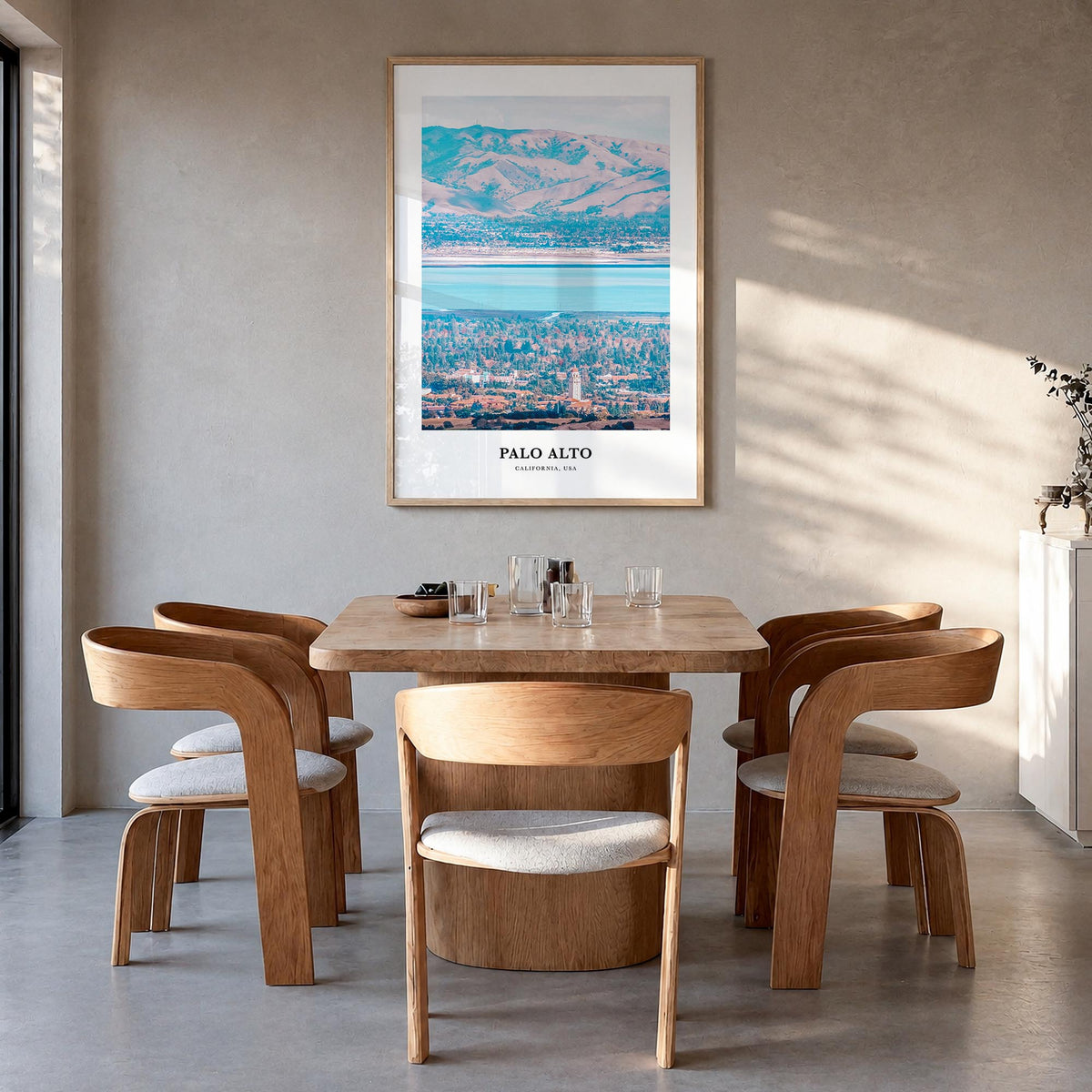 Palo Alto colorful classic poster of California, USA – vertical wall art in natural wood frame, hanging on wall