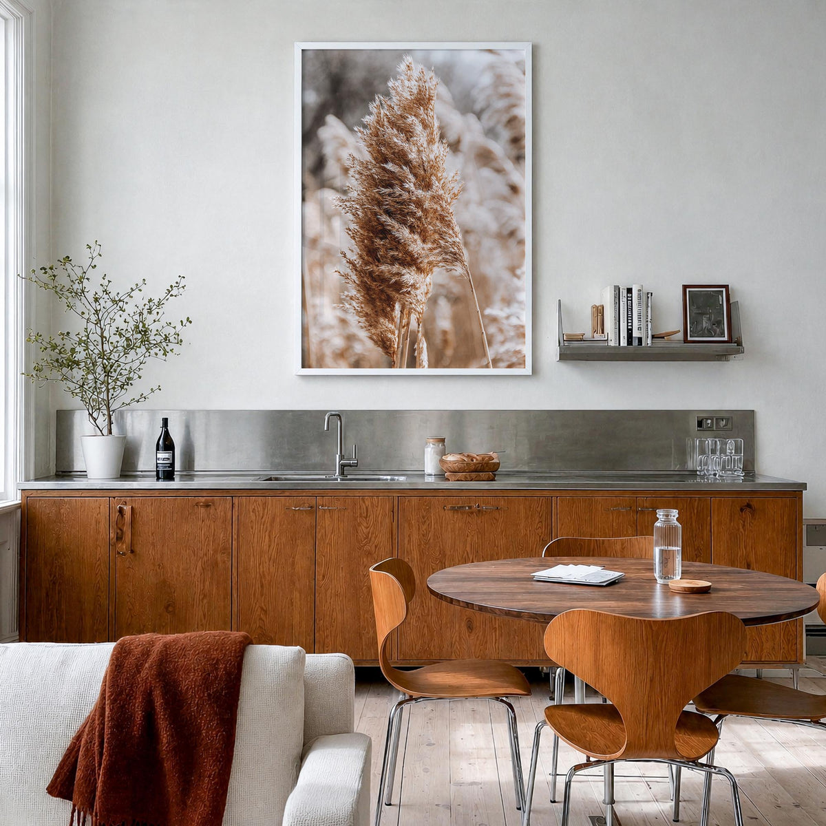 Pampas Grass no. 1 colorful photo poster – vertical wall art in white wood frame, hanging on wall