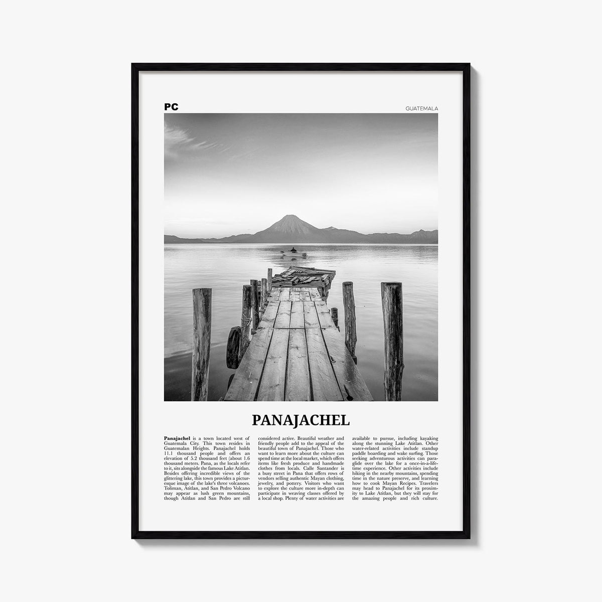 Panajachel black & white newspaper poster of Guatemala – vertical wall art, unframed print shown in interior mockup