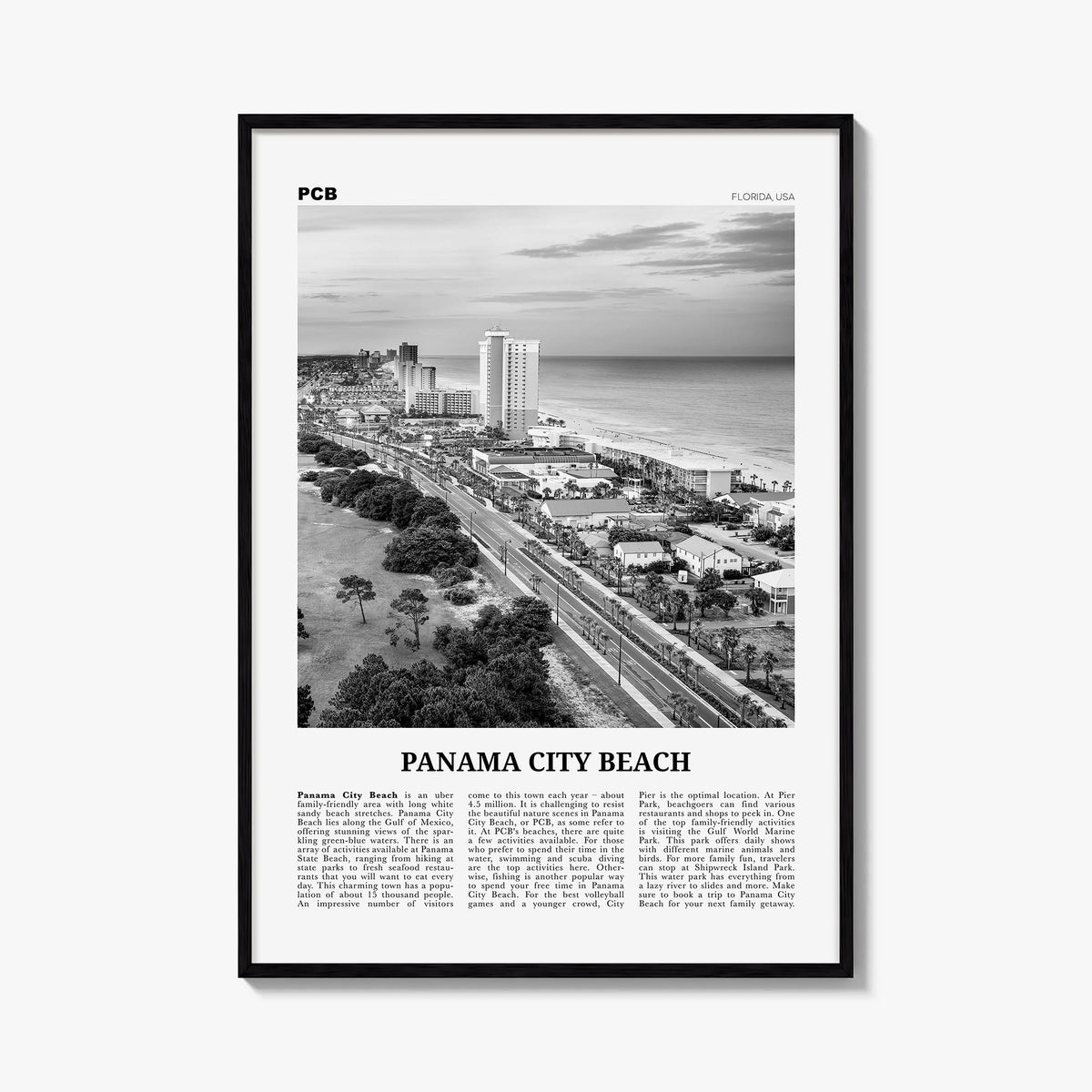 Panama City Beach, Florida black & white newspaper poster of Florida, USA – vertical wall art, unframed print shown in interi