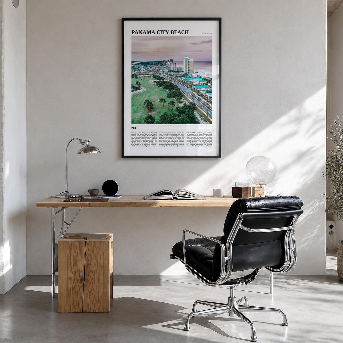 Panama City Beach, Florida colorful travel poster of Florida, USA – vertical wall art in black wood frame, hanging on wall