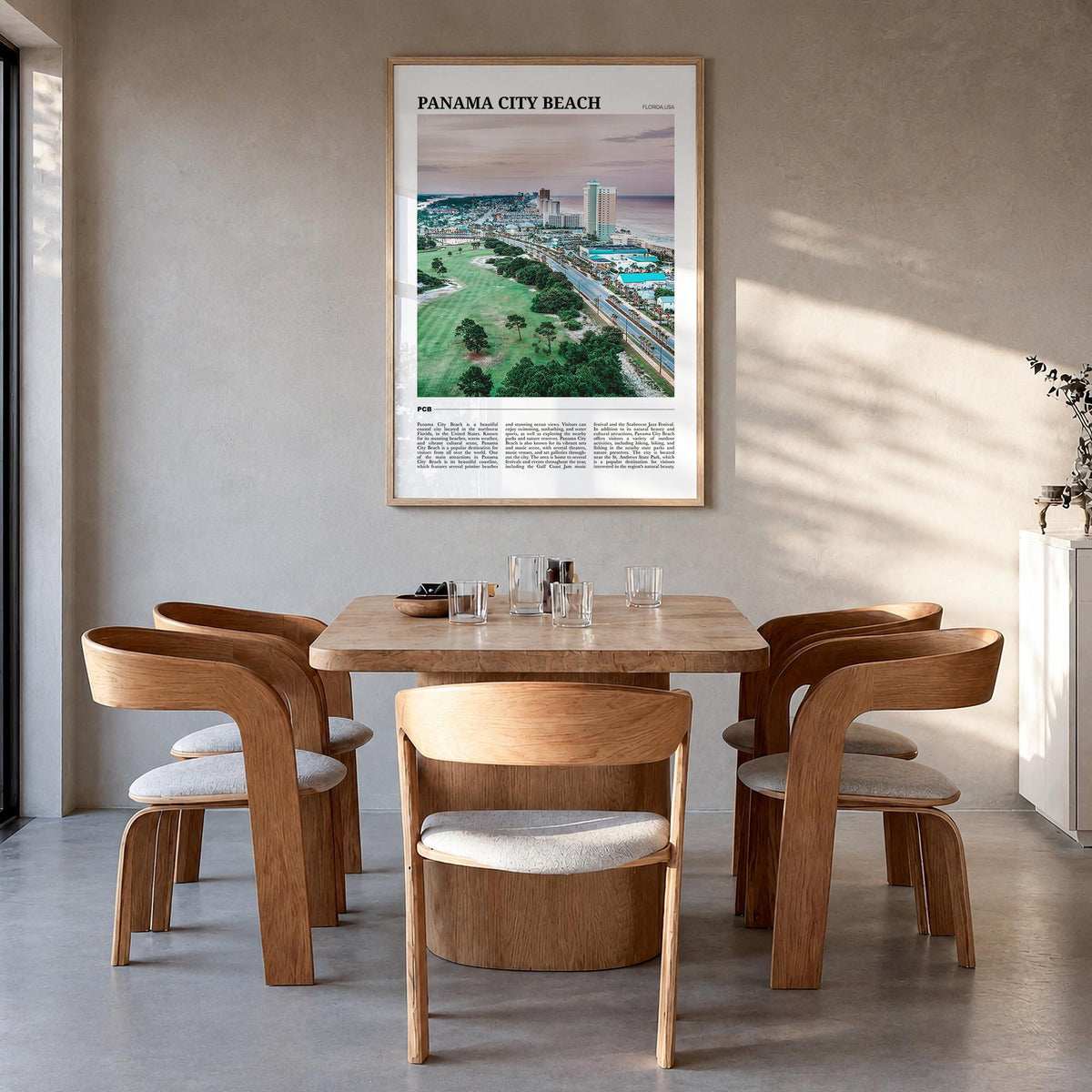 Panama City Beach, Florida colorful travel poster of Florida, USA – vertical wall art in natural wood frame, hanging on wall
