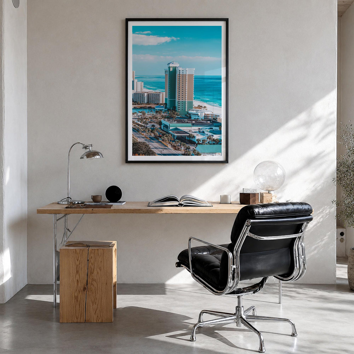 Panama City, Florida colorful photo poster of Florida, USA – vertical wall art in black wood frame with white border, hanging