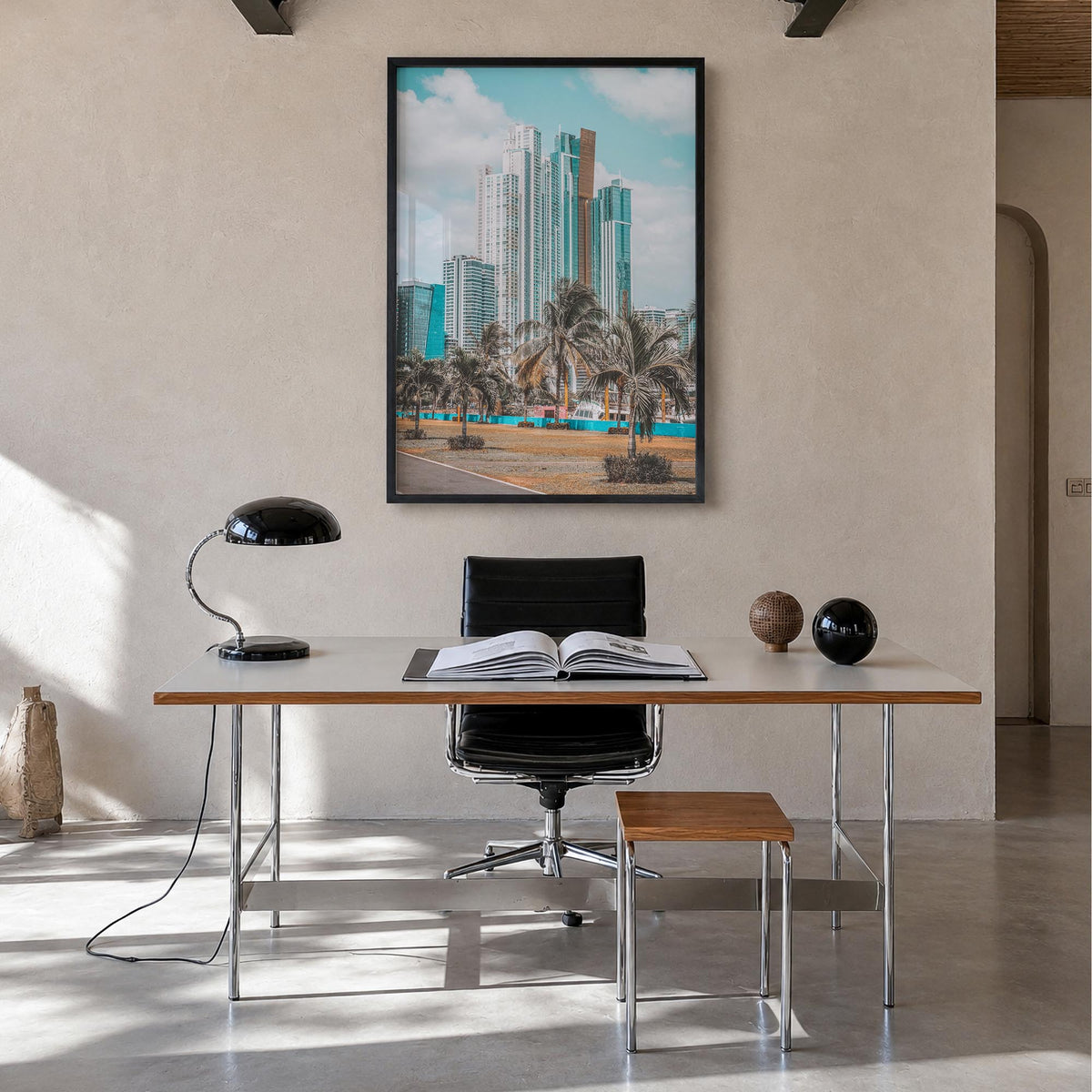 Panama City, Panama colorful photo poster of Panama – vertical wall art in black wood frame, hanging on wall