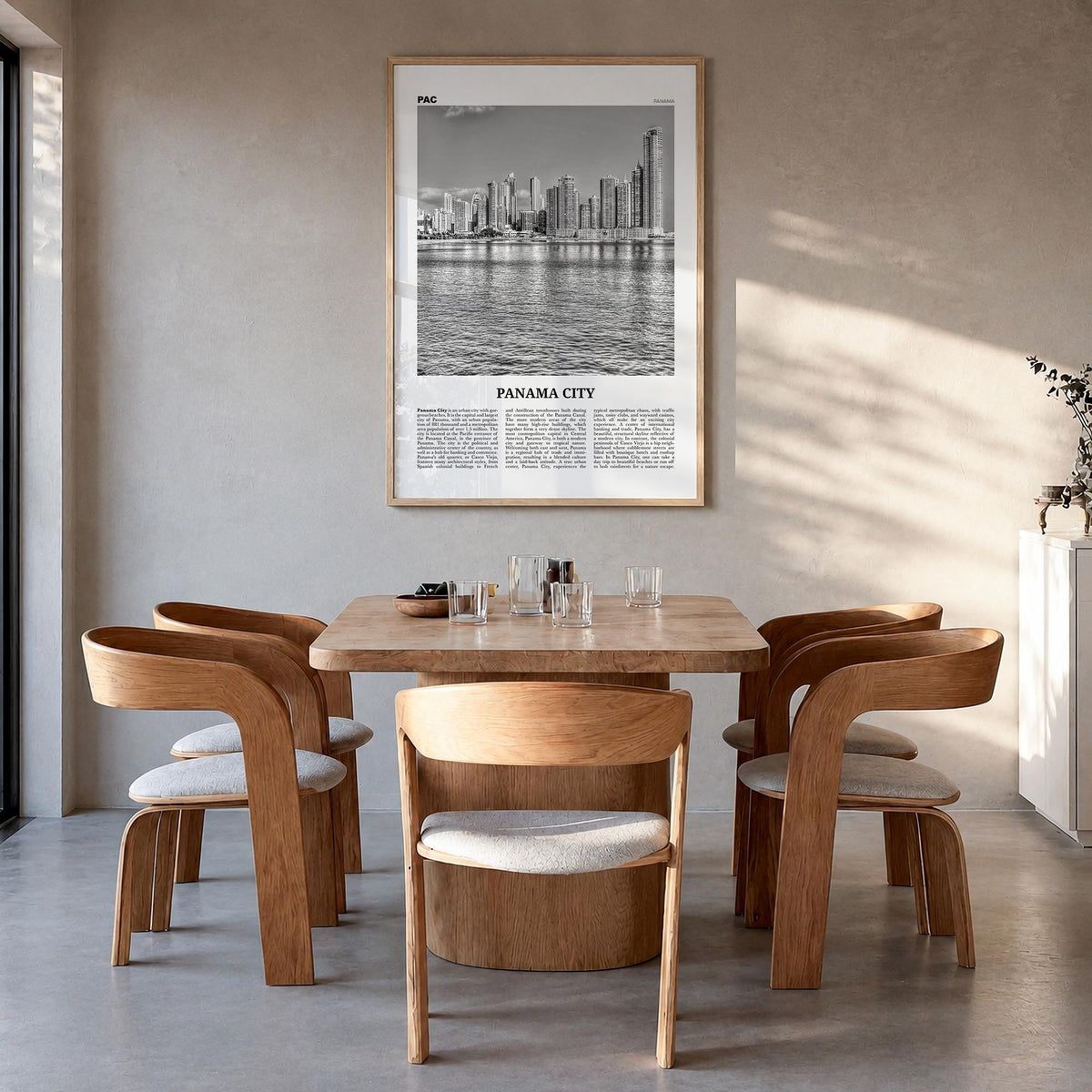 Panama City, Panama no. 1 black & white newspaper poster of Panama – vertical wall art in natural wood frame, hanging on wall