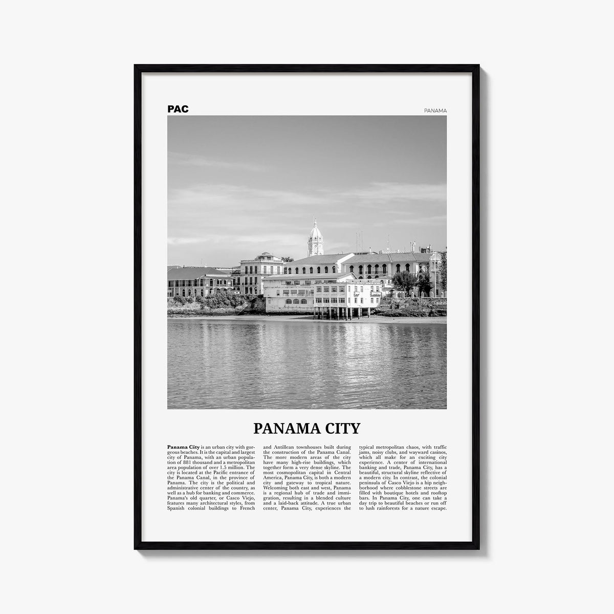 Panama City, Panama no. 2 black & white newspaper poster of Panama – vertical wall art, unframed print shown in interior mock