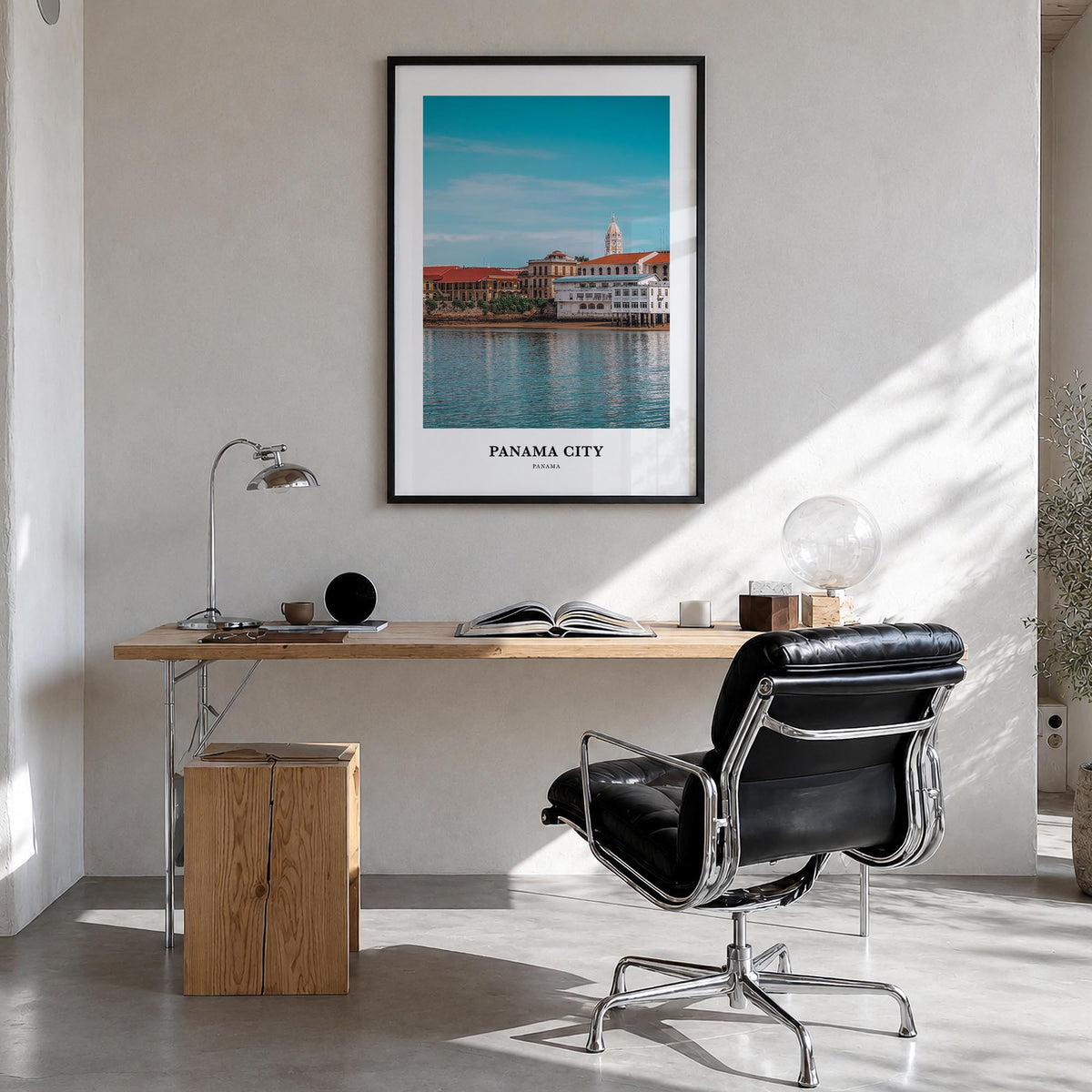Panama City, Panama no. 2 colorful classic poster of Panama – vertical wall art in black wood frame, hanging on wall