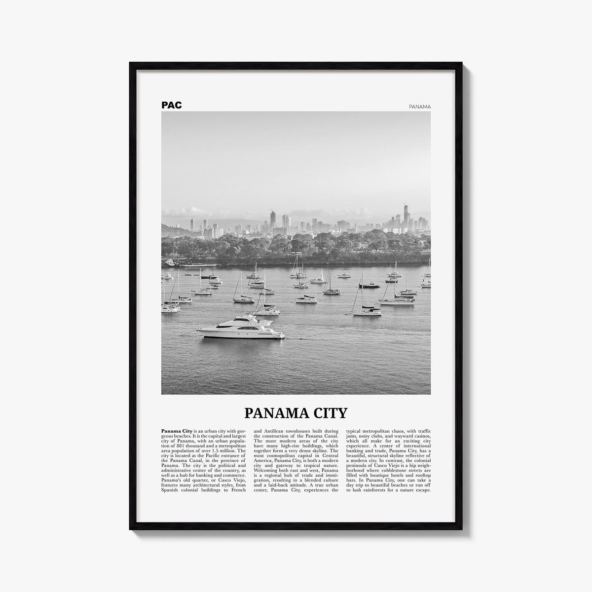 Panama City, Panama no. 3 black & white newspaper poster of Panama – vertical wall art, unframed print shown in interior mock