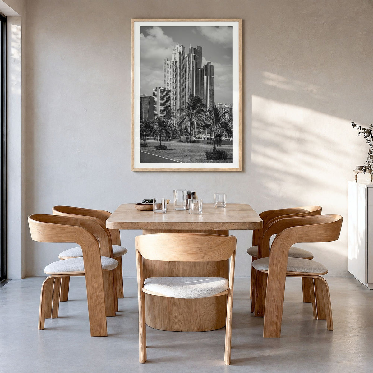 Panama City, Panama Photo Poster in a natural wood frame, hanging in a dining room, white border