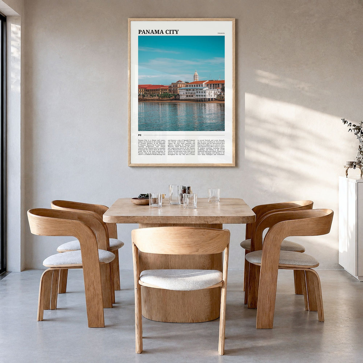 Panama City, Panama Travel No 2 Poster in a natural wood frame, hanging in a dining room