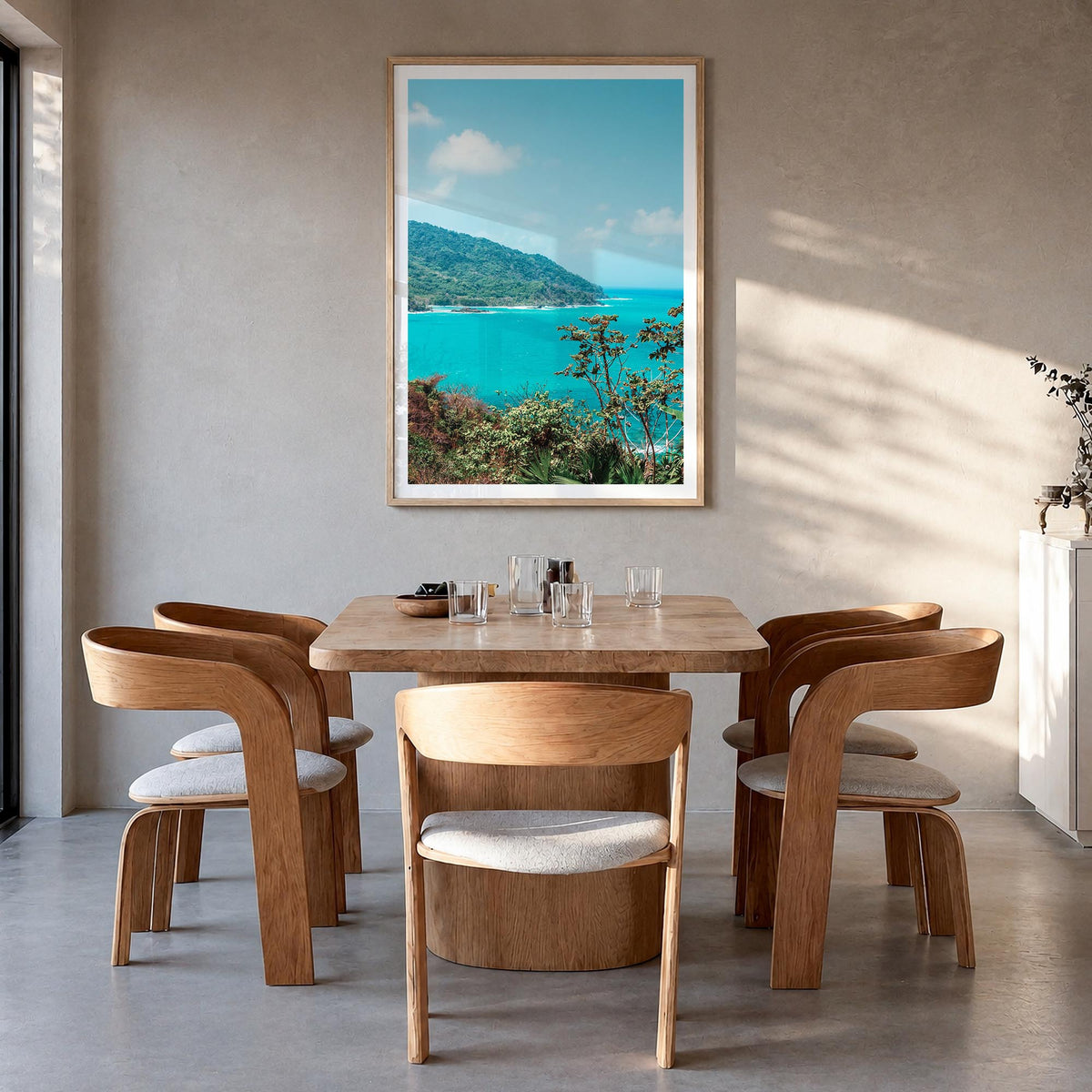 Panama colorful photo poster of Central America – vertical wall art in natural wood frame with white border, hanging on wall