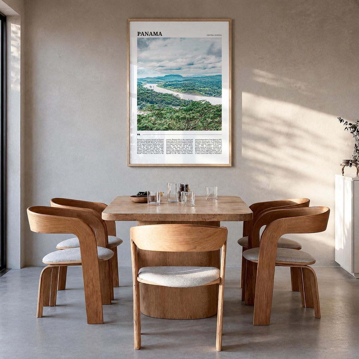 Panama colorful travel poster of Central America – vertical wall art in natural wood frame, hanging on wall