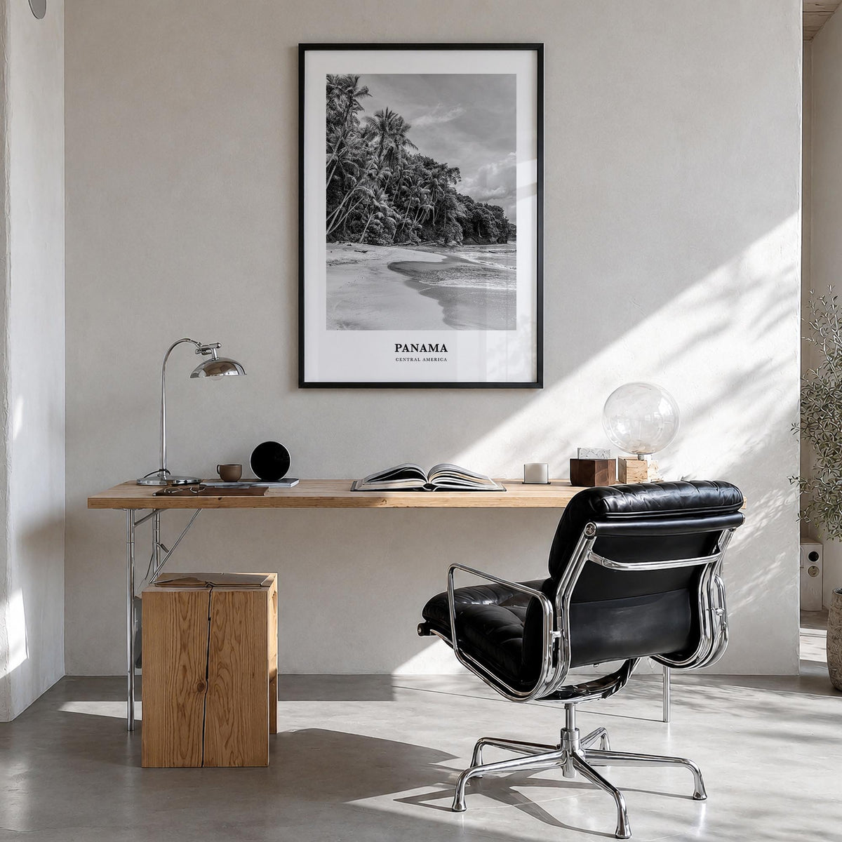 Panama no. 1 black & white classic poster of Central America – vertical wall art in black wood frame, hanging on wall