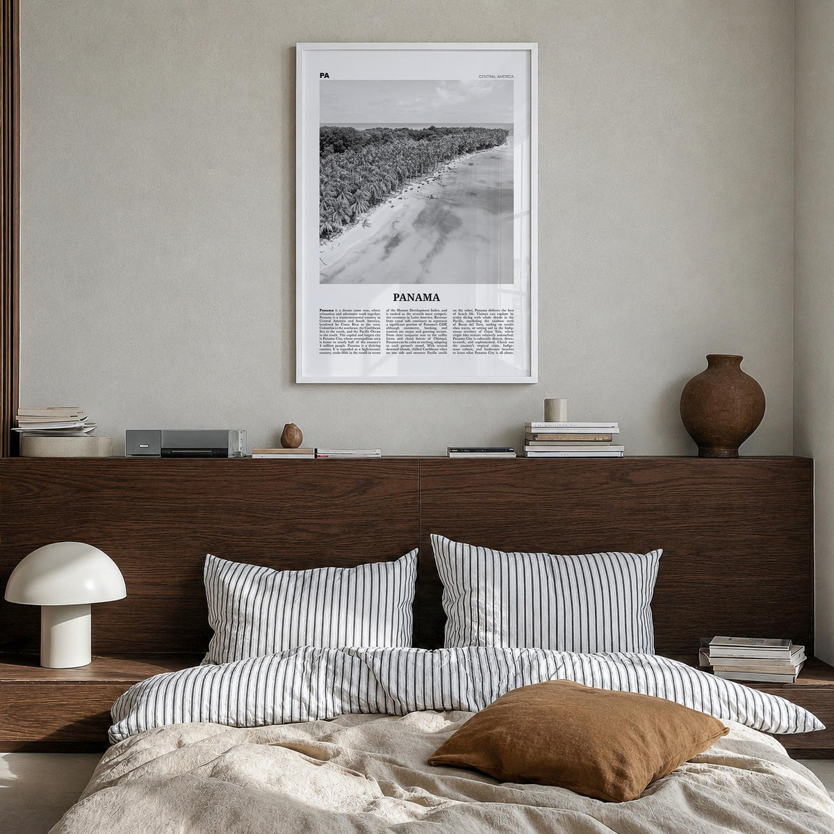 Panama no. 3 black & white newspaper poster of Central America – vertical wall art in white wood frame, hanging on wall