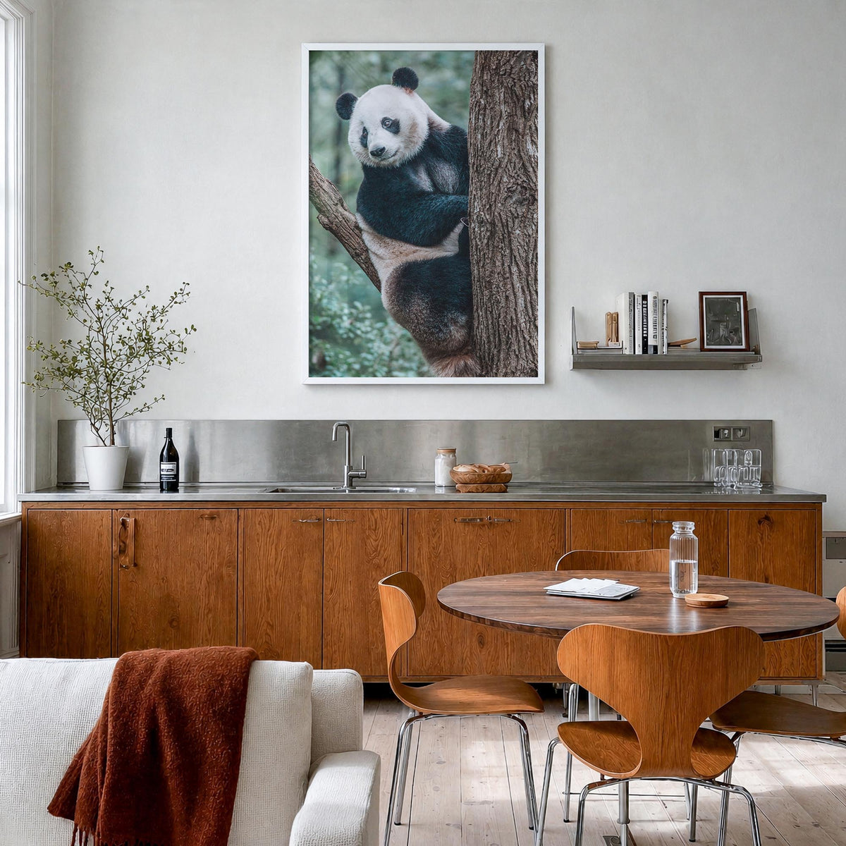 Panda Bear colorful photo poster – vertical wall art in white wood frame, hanging on wall