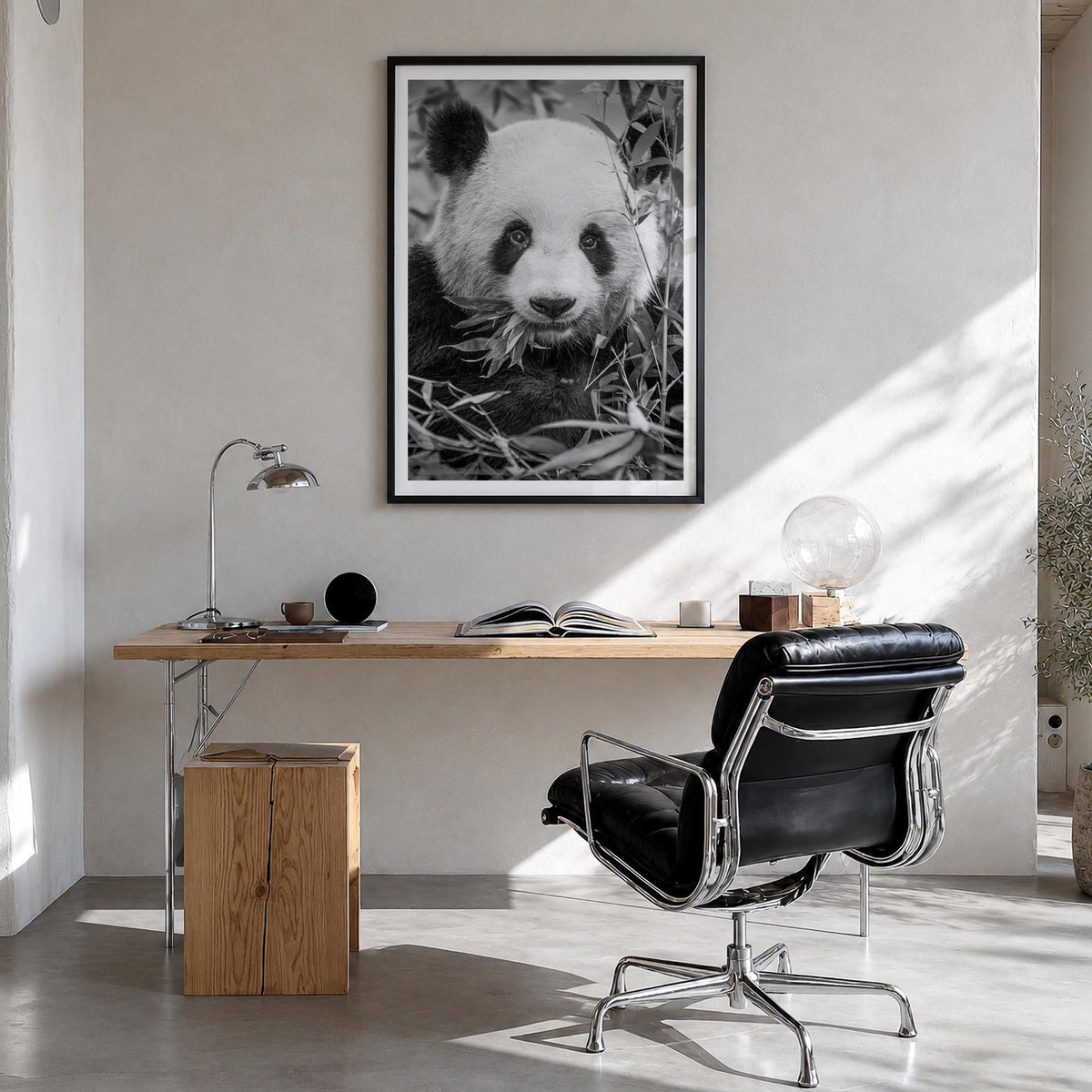 Panda Bear no. 1 black & white photo poster – vertical wall art in black wood frame with white border, hanging on wall