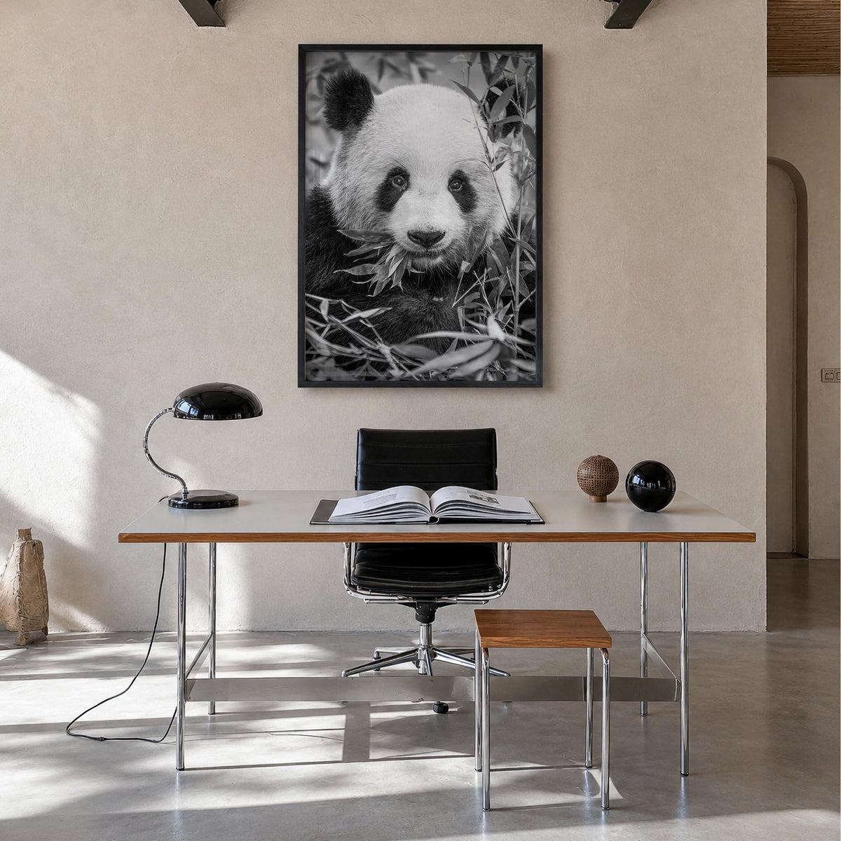 Panda Bear no. 1 black & white photo poster – vertical wall art in black wood frame, hanging on wall