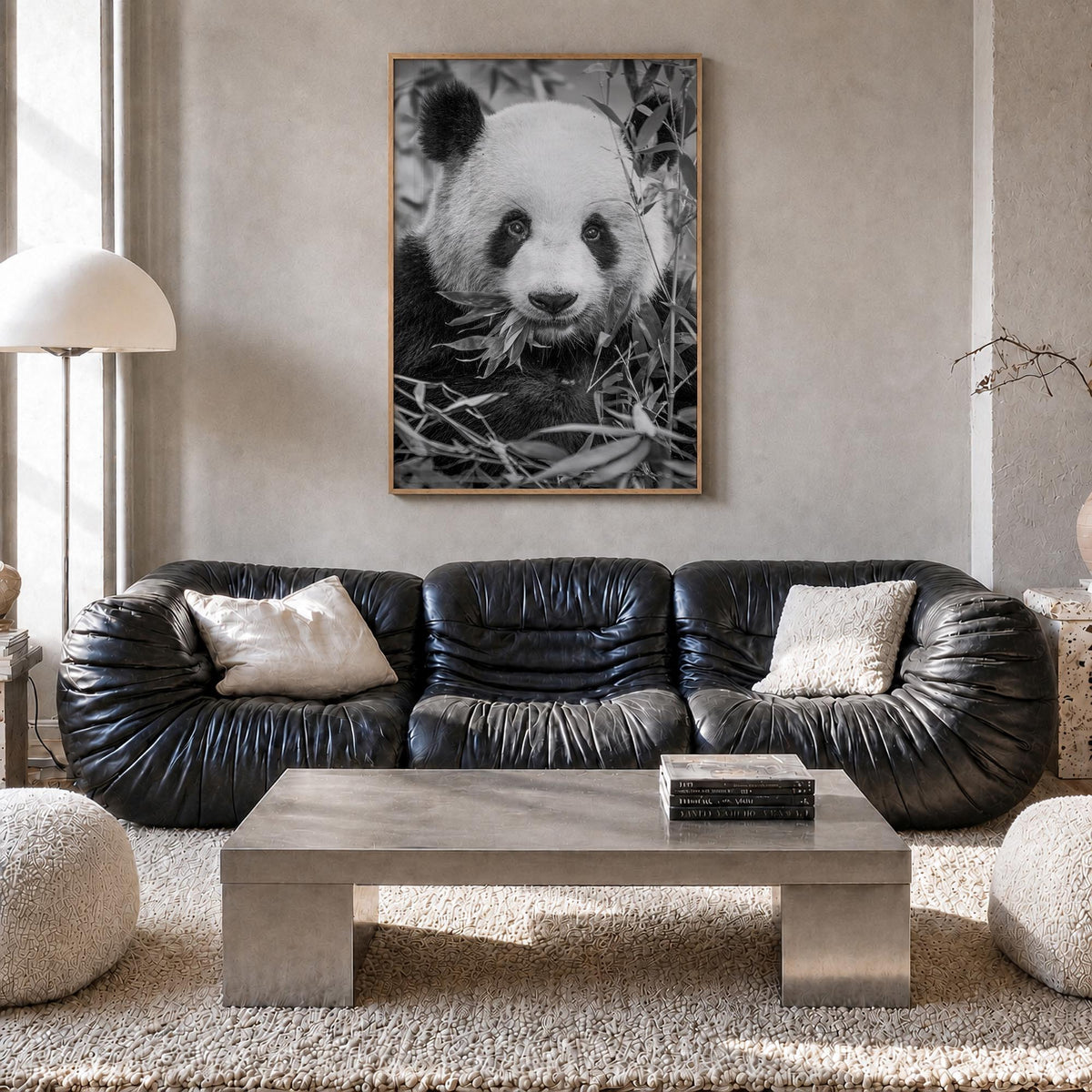 Panda Bear no. 1 black & white photo poster – vertical wall art in natural wood frame, hanging on wall