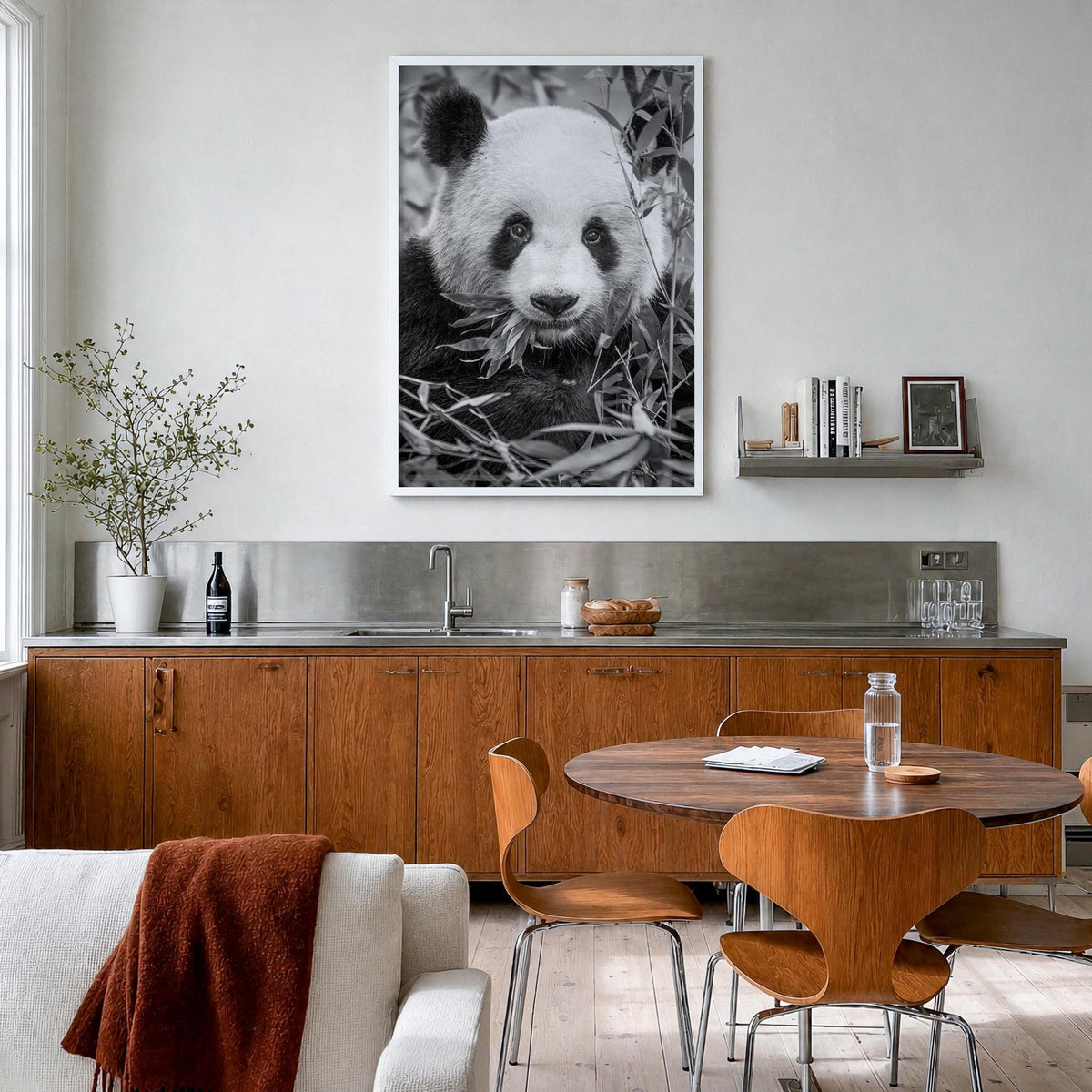 Panda Bear no. 1 black & white photo poster – vertical wall art in white wood frame, hanging on wall