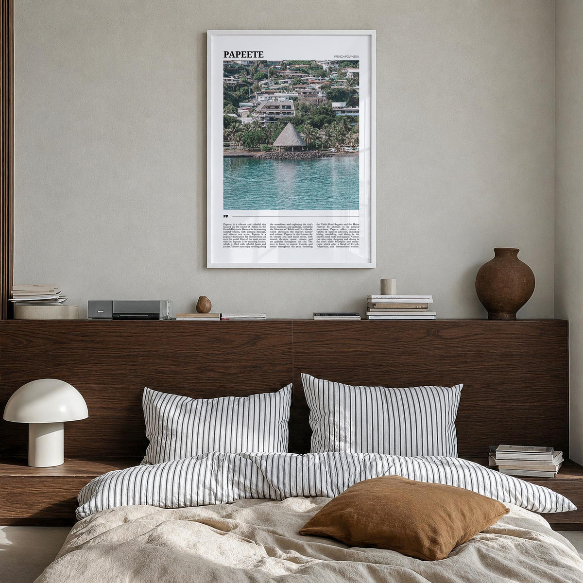 Papeete colorful travel poster of French Polynesia – vertical wall art in white wood frame, hanging on wall