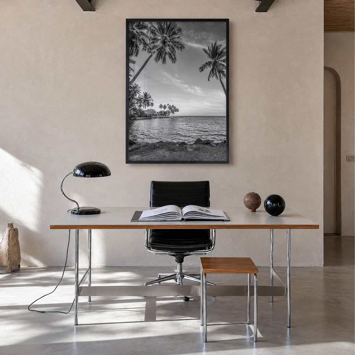Papua New Guinea black & white photo poster of Oceania – vertical wall art in black wood frame, hanging on wall