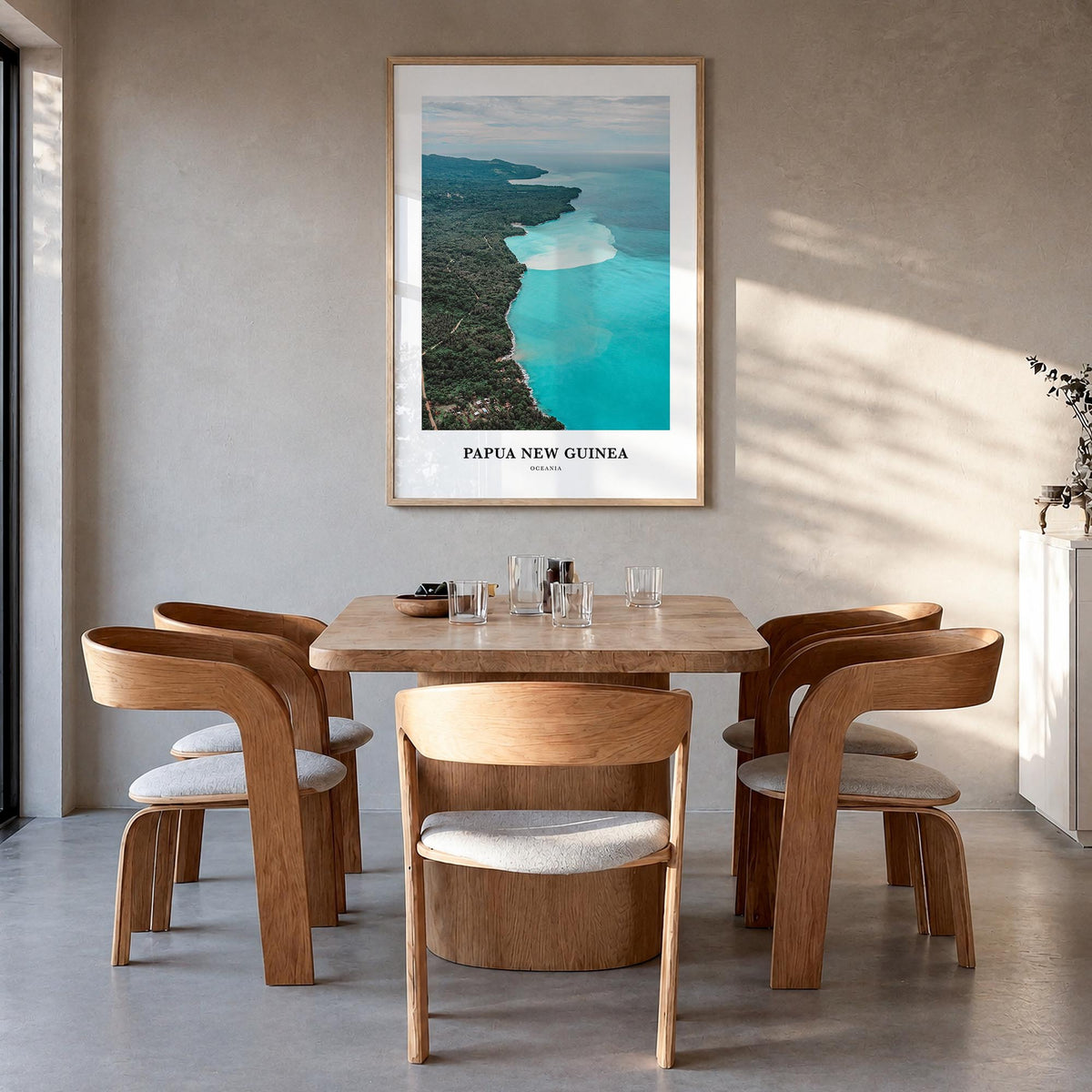 Papua New Guinea colorful classic poster of Oceania – vertical wall art in natural wood frame, hanging on wall