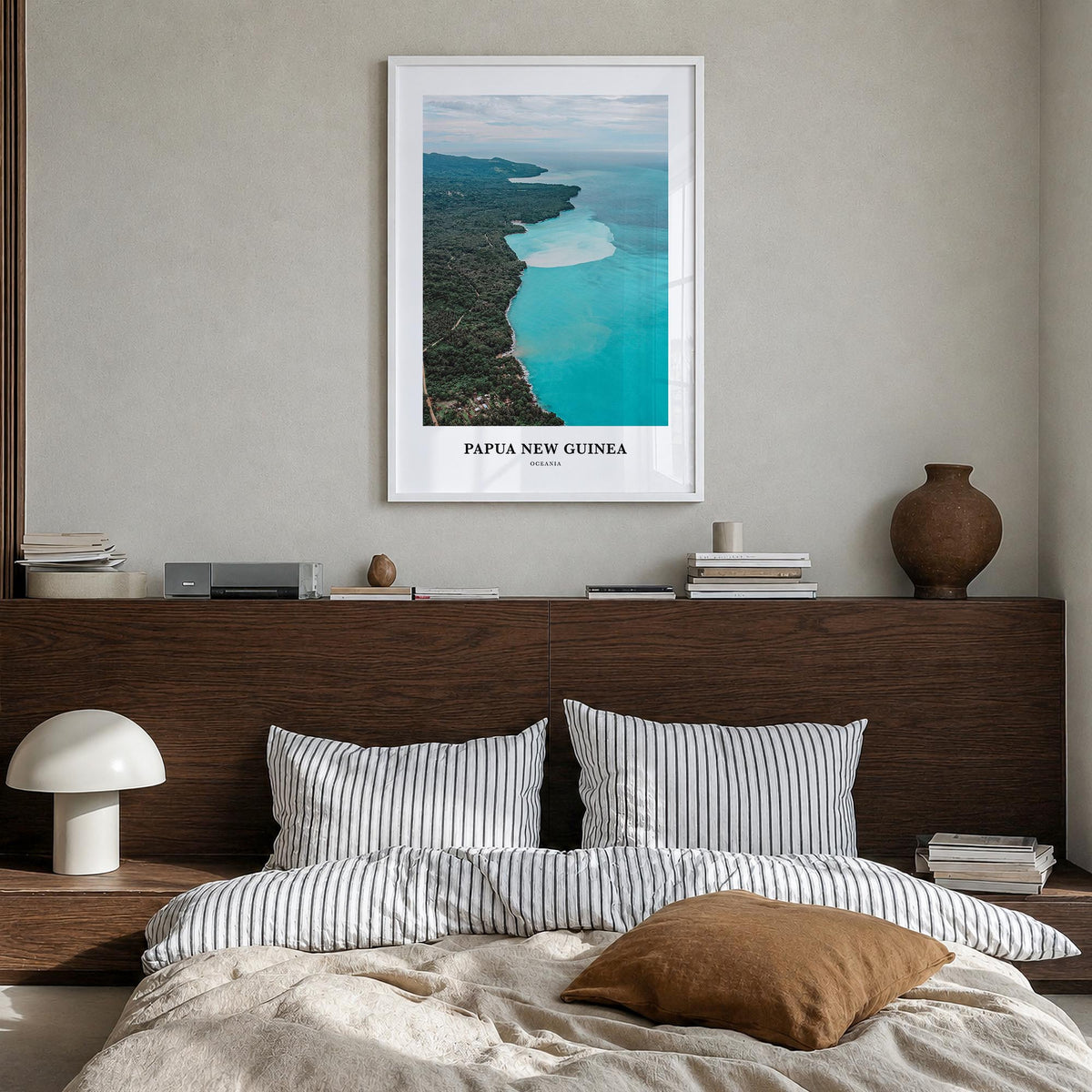 Papua New Guinea colorful classic poster of Oceania – vertical wall art in white wood frame, hanging on wall