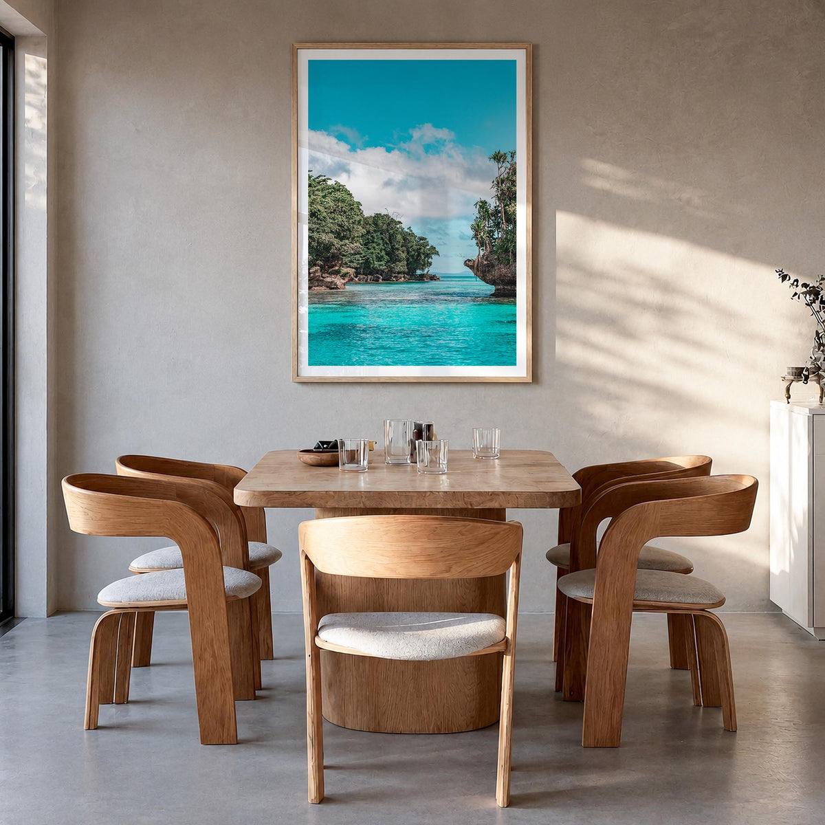 Papua New Guinea colorful photo poster of Oceania – vertical wall art in natural wood frame with white border, hanging on wal