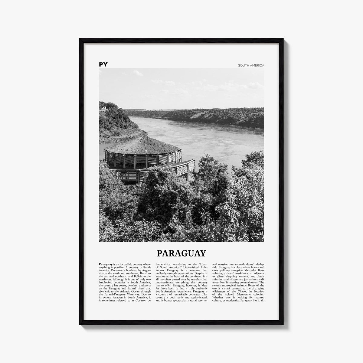 Paraguay no. 1 black & white newspaper poster of South America – vertical wall art, unframed print shown in interior mockup