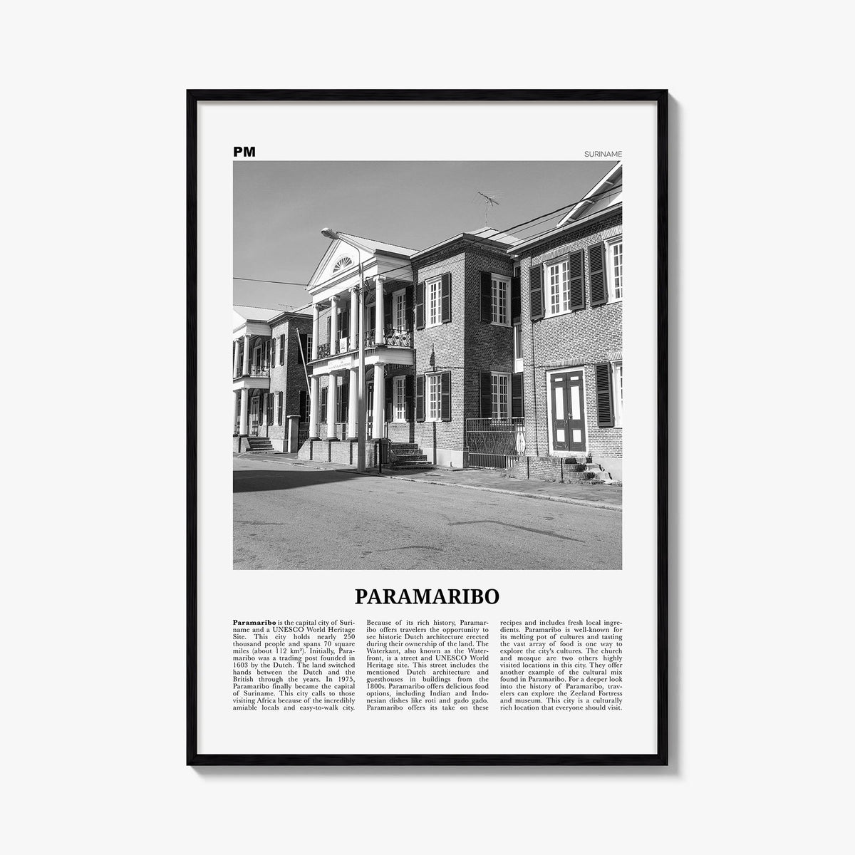 Paramaribo black & white newspaper poster of Suriname – vertical wall art, unframed print shown in interior mockup