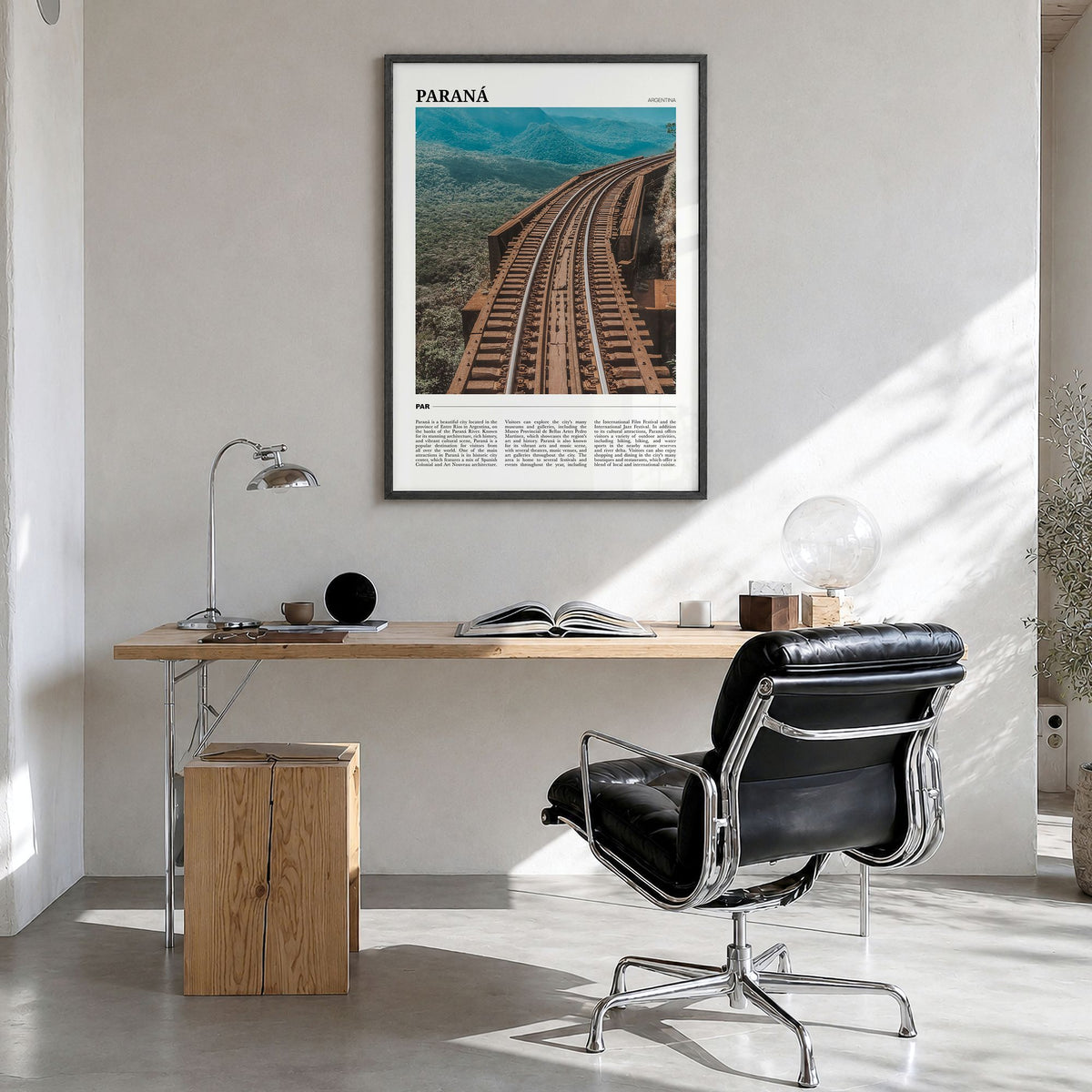 Paraná Travel Poster in a black wood frame, hanging in a bright home office
