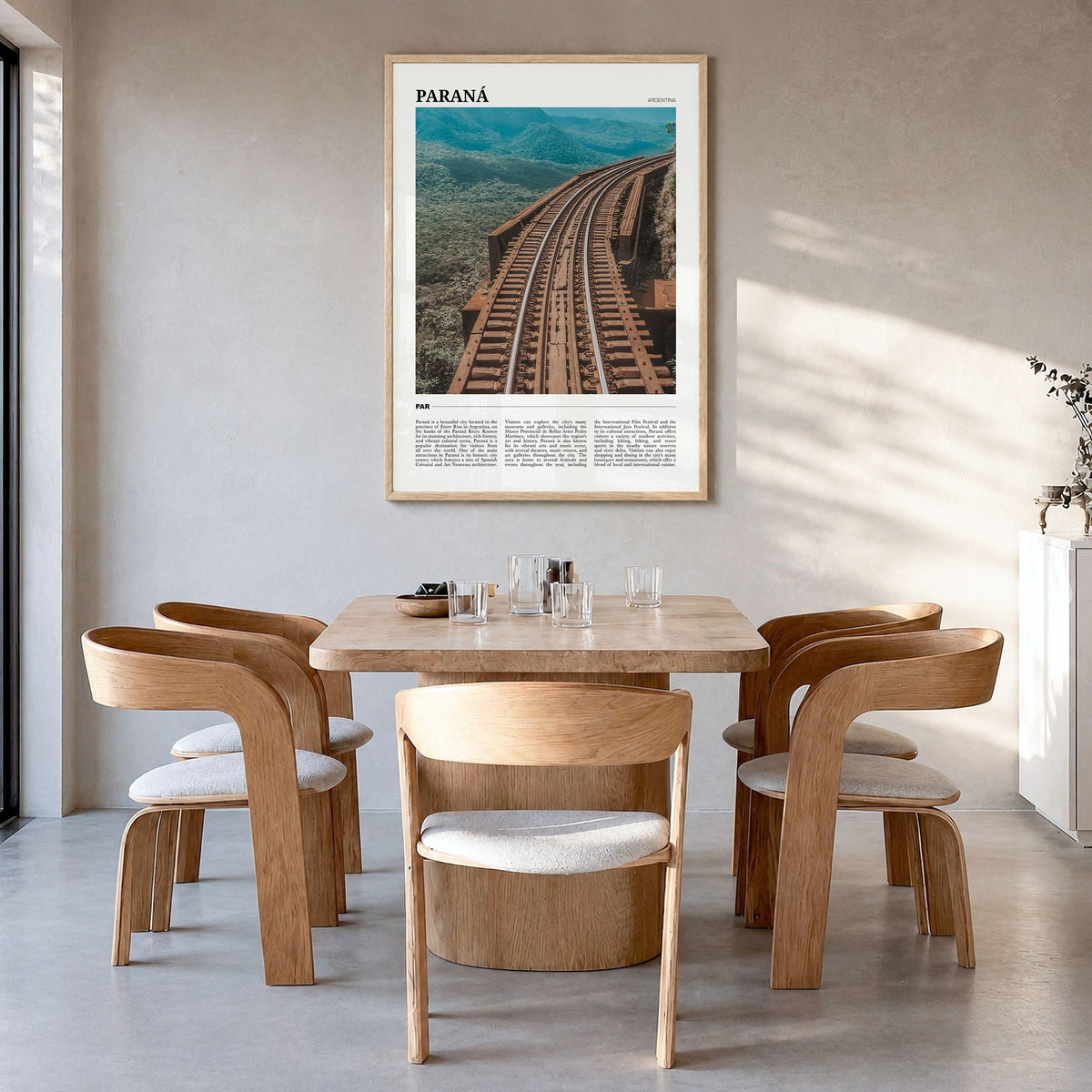 Paraná Travel Poster in a natural wood frame, hanging in a dining room
