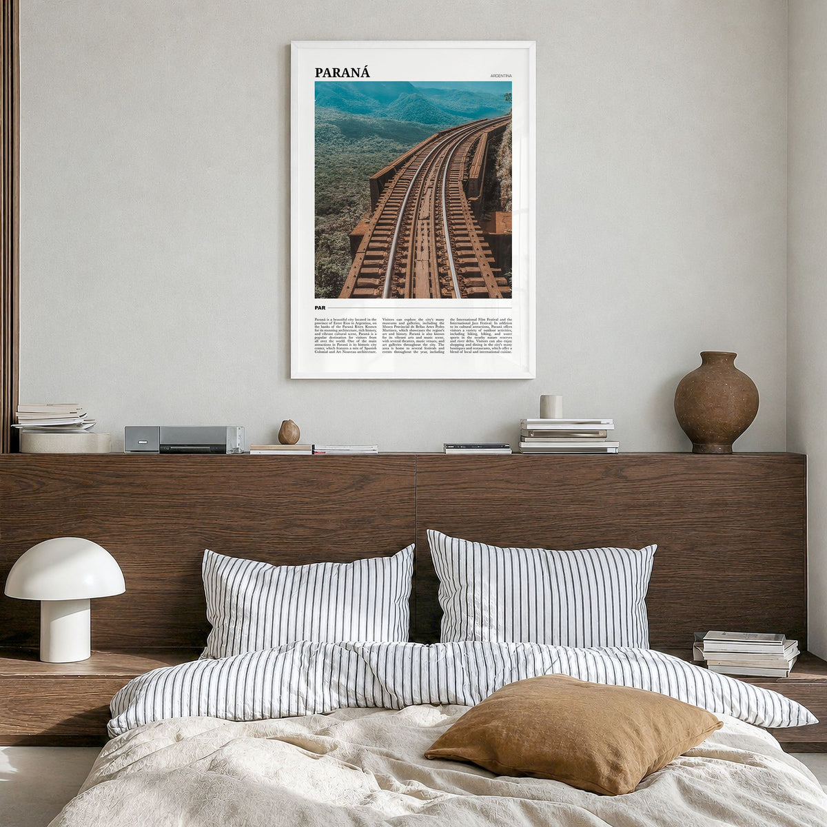Paraná Travel Poster in a white wood frame, hanging in a bedroom