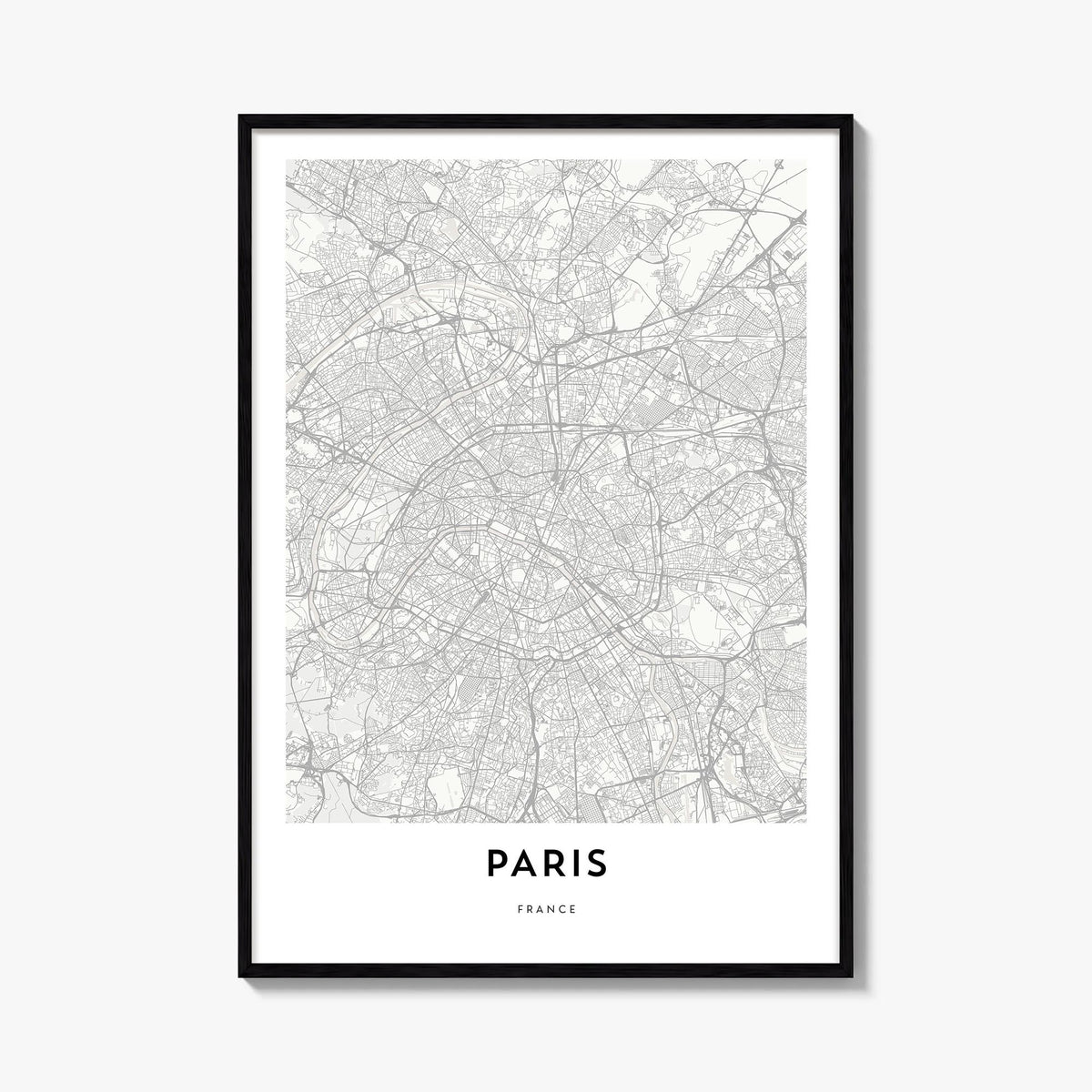 Paris black & white map poster of France – vertical wall art, unframed print shown in interior mockup